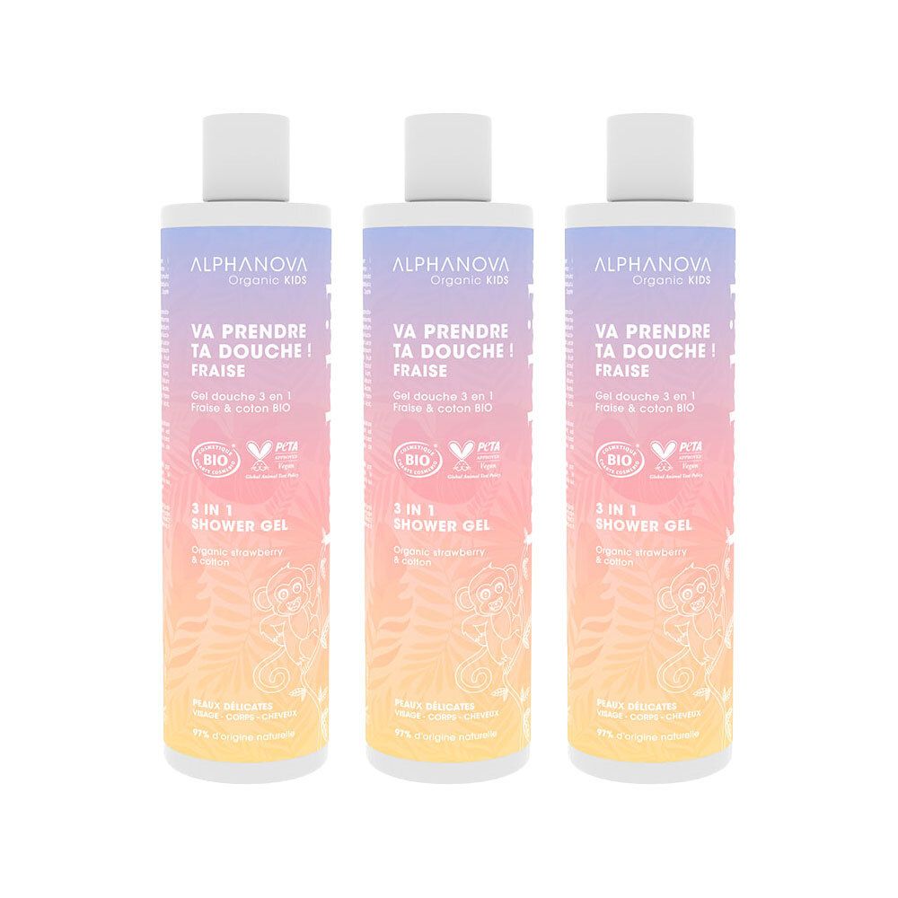Drie flessen douchegel. Opschrift: ALPHANOVA, VA PRENDRE TA DOUCHE! FRAISE, 3 IN 1 SHOWER GEL. Bio-certificering.