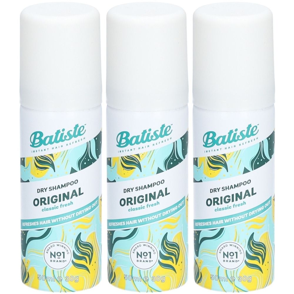 Drie spuitbussen met witte dop. Opschrift: Batiste, Dry Shampoo Original, classic fresh. Nr. 1 merk.
