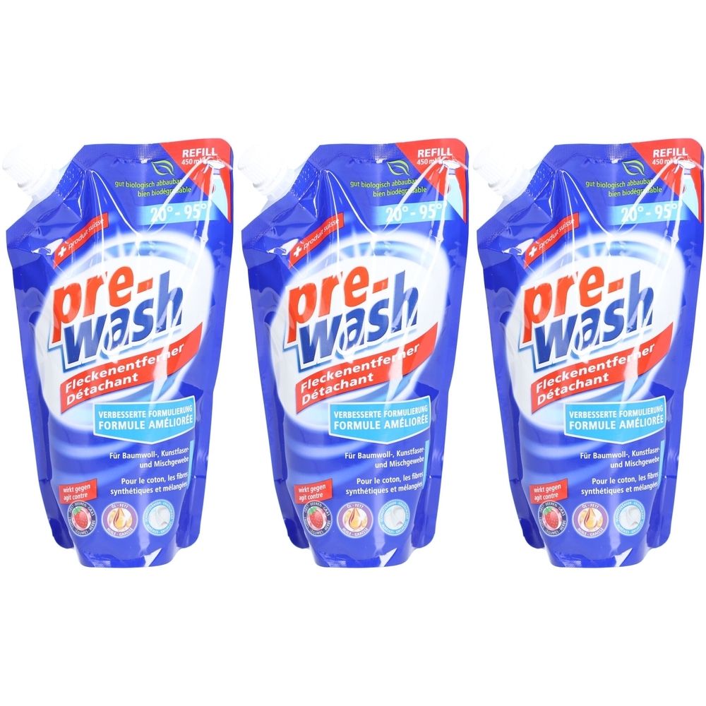 Trois recharges bleues avec texte rouge et blanc. Inscription: pre-wash Fleckenentferner. REFILL.