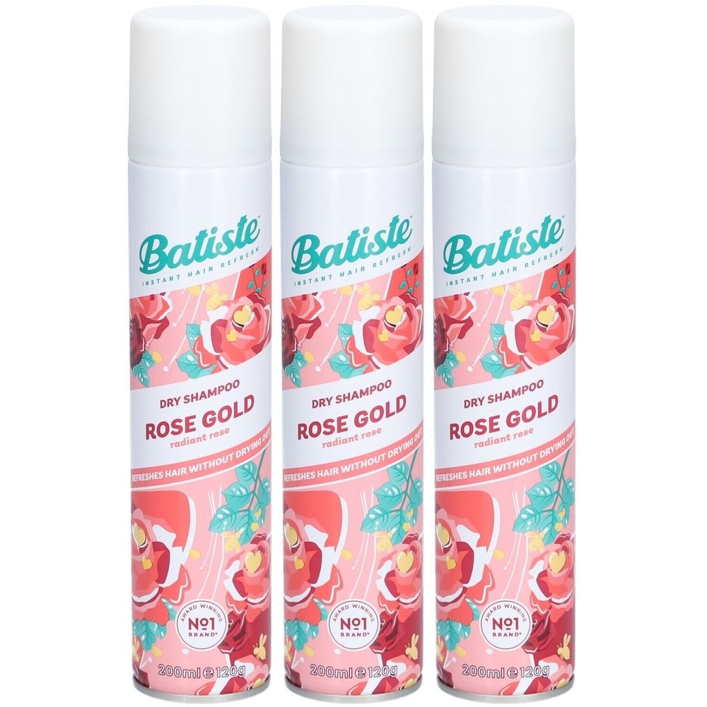 Drie spuitbussen droogshampoo. Opschrift: Batiste, Rose Gold. Bloemenpatroon. Witte dop. 200ml.