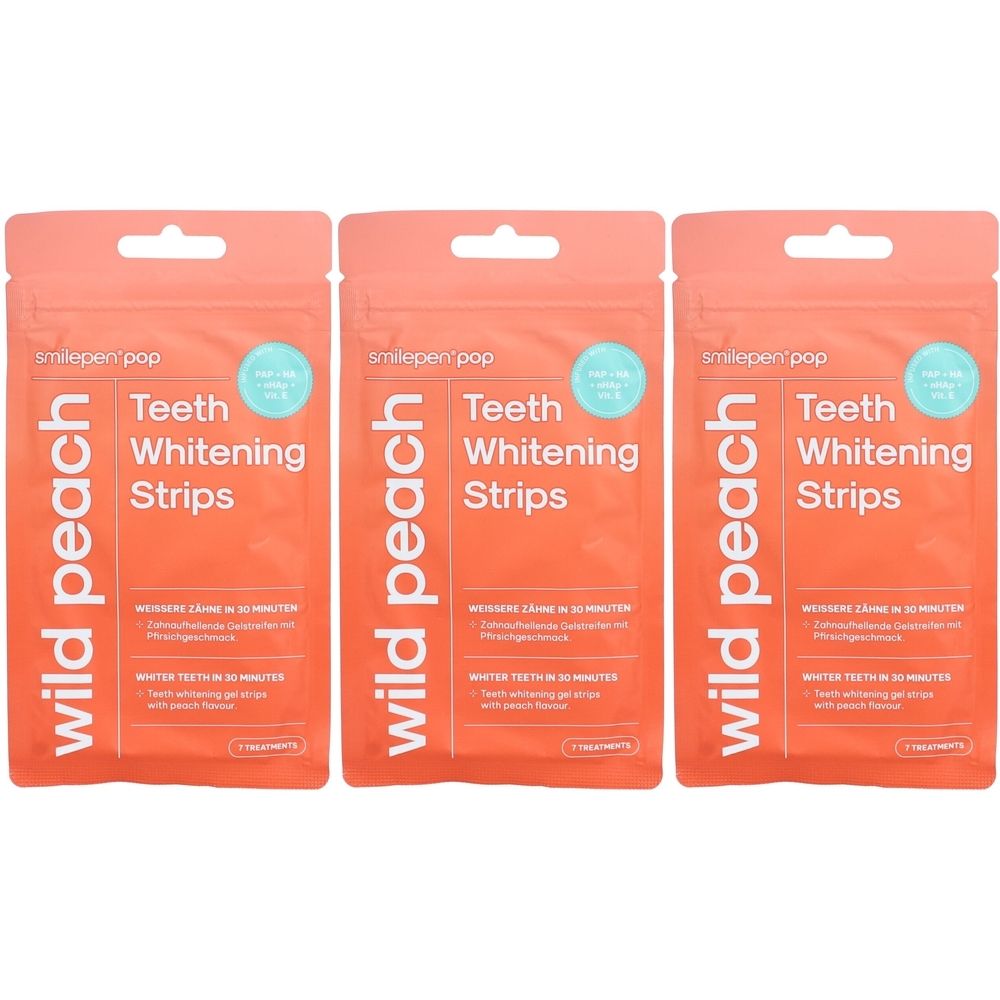 Drie verpakkingen SMILEPEN Pop tandenbleekstrips. Elke verpakking is oranje met witte tekst en een gat om op te hangen.