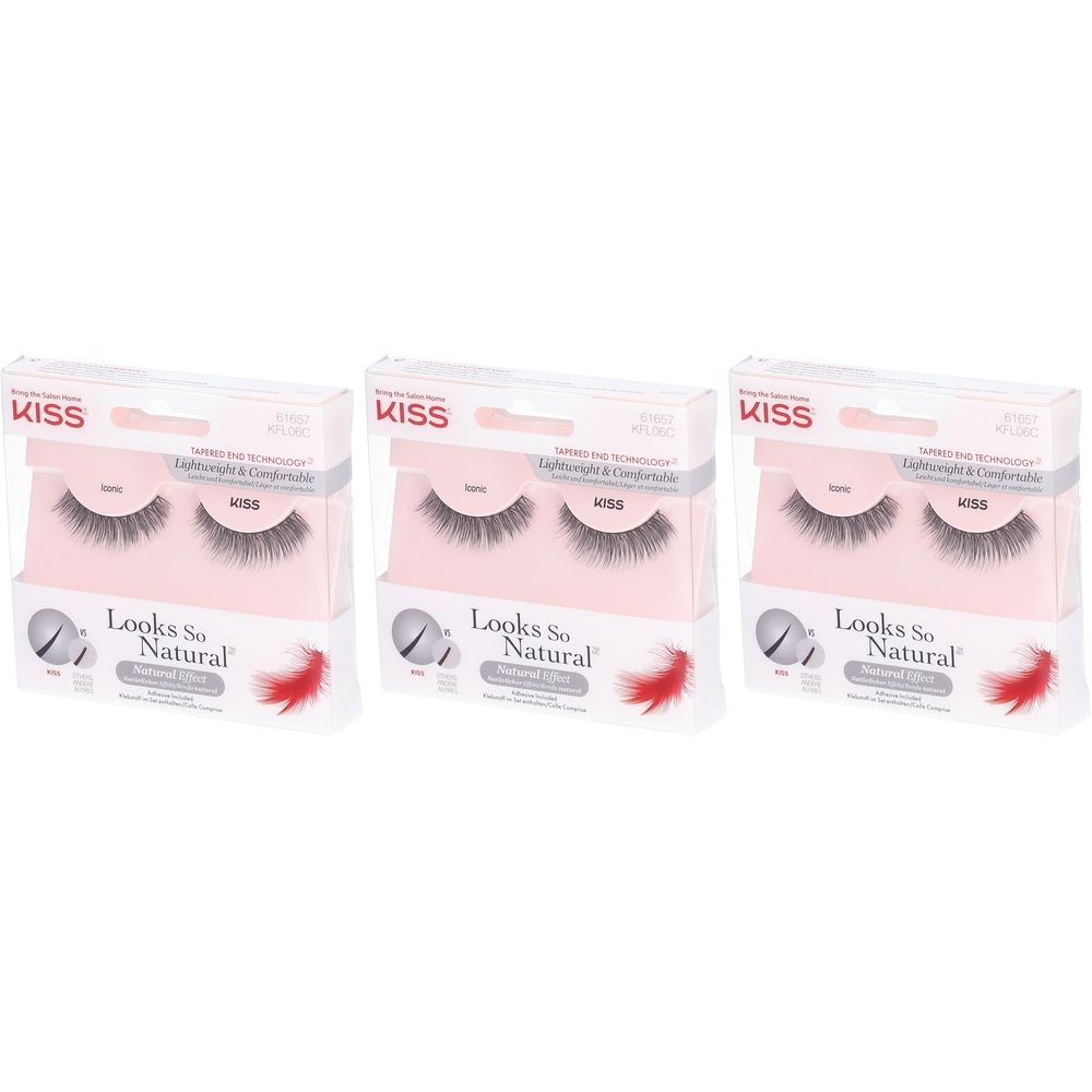 Drie verpakkingen wimpers. Merk KISS, model Looks So Natural Iconic. Verpakking met productnaam en kenmerken.