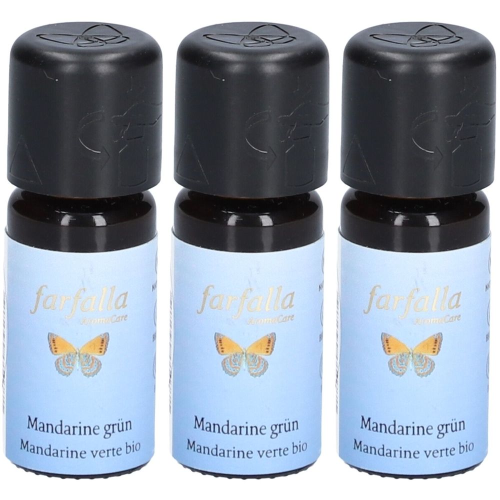 Drie kleine flesjes met zwarte doppen. De etiketten tonen "farfalla" en "Mandarine grün".