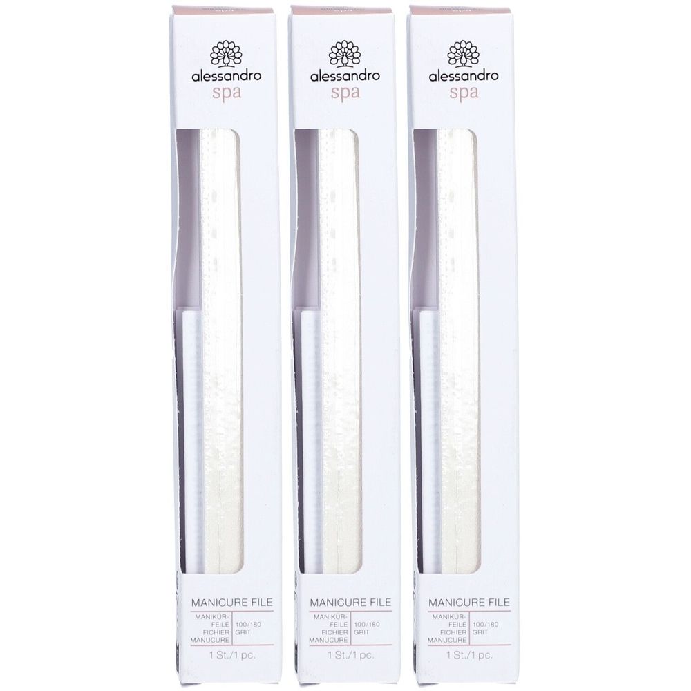 Trois emballages de limes à ongles. Inscription : alessandro spa, MANICURE FILE. 1 pc.