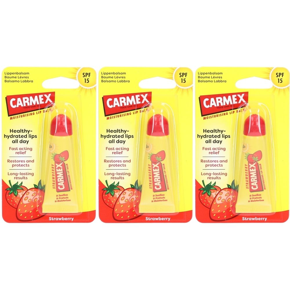 Drie CARMEX Lipbalsem Aardbei SPF15. Gele verpakking met productinfo en aardbei-illustraties.
