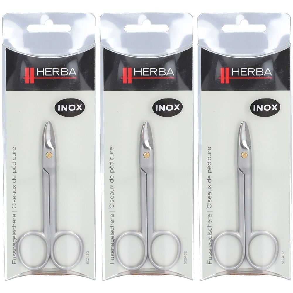 Drie voetverzorgingsschaartjes in blisterverpakking. Op de verpakking staat "HERBA" en "INOX".