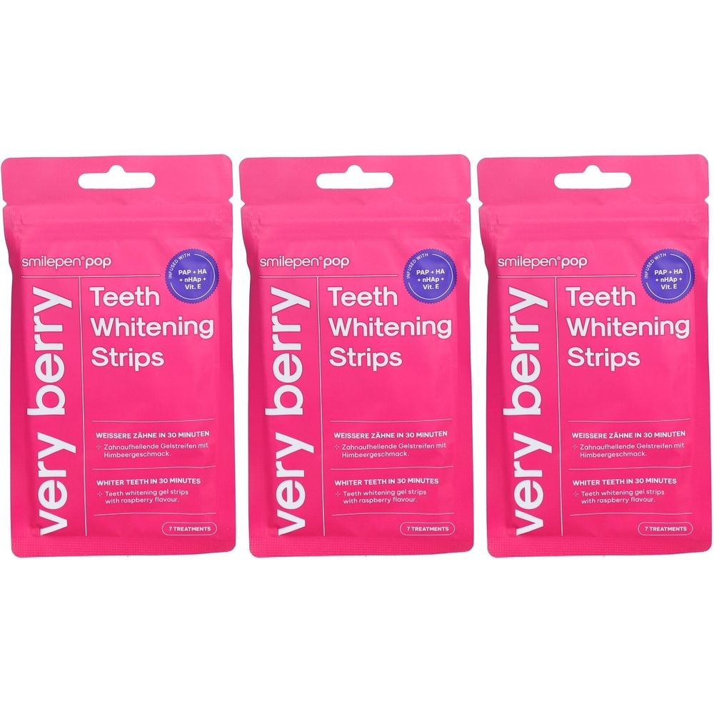Drie roze verpakkingen "Teeth Whitening Strips". Opschrift "very berry" en "smilepen pop". Blauwe cirkels met tekst.