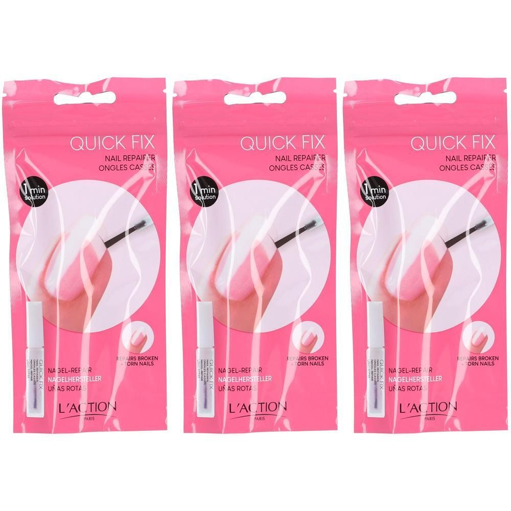 Drie verpakkingen Quick Fix nagelreparateur. Roze verpakking met productafbeelding en tekst. L'ACTION COSMÉTIQUE®.