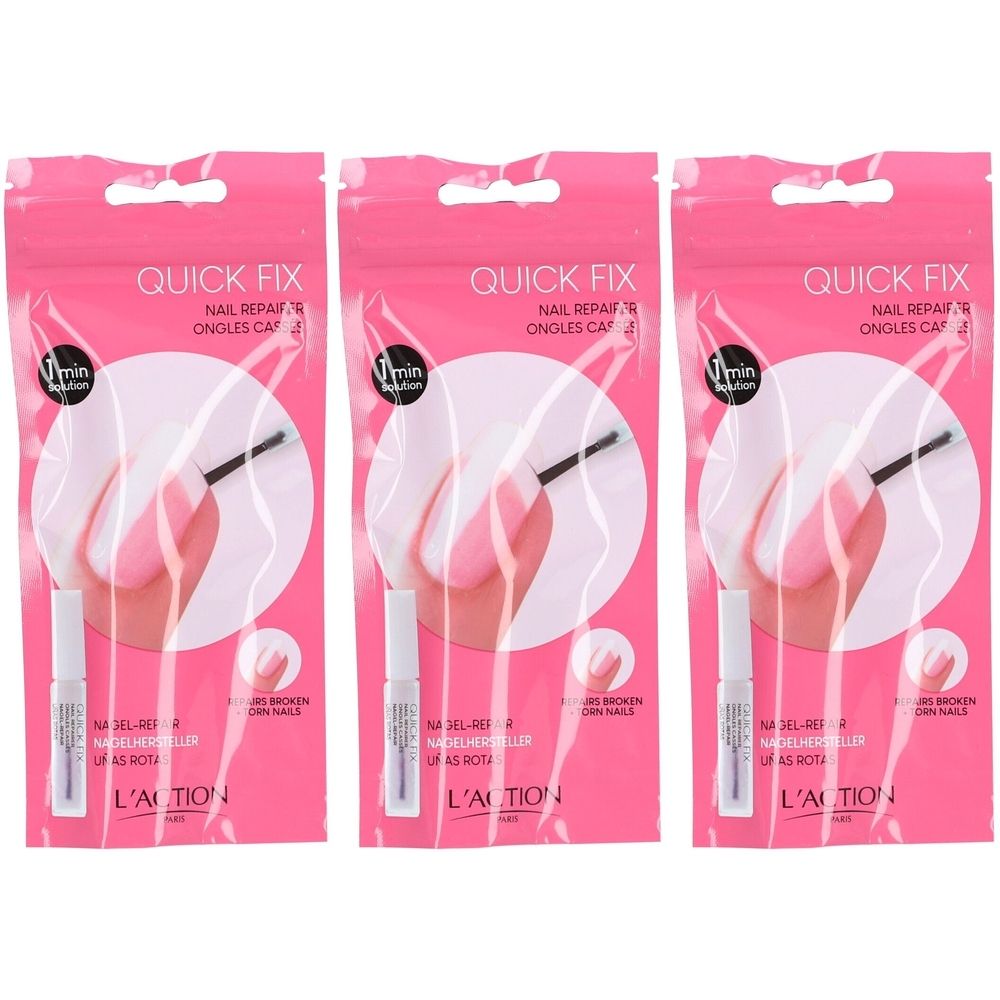 Trois paquets de Quick Fix réparateur d'ongles. Emballage rose avec image du produit et texte. L'ACTION COSMÉTIQUE®.