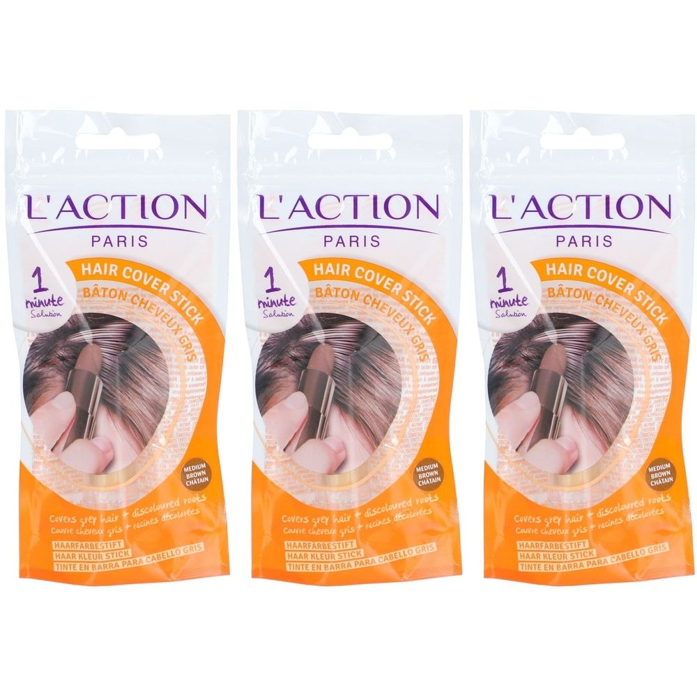 Drie verpakkingen L'ACTION PARIS Hair Cover Stick. Elke verpakking toont een haarverfstick product en tekst. Oranje verpakking.