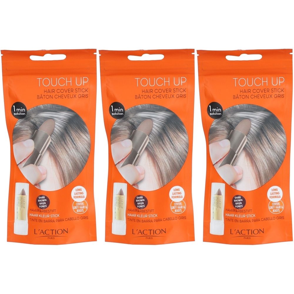 Drie oranje verpakkingen met haarverfsticks. Op elke verpakking staan het product en de tekst « TOUCH UP ». 