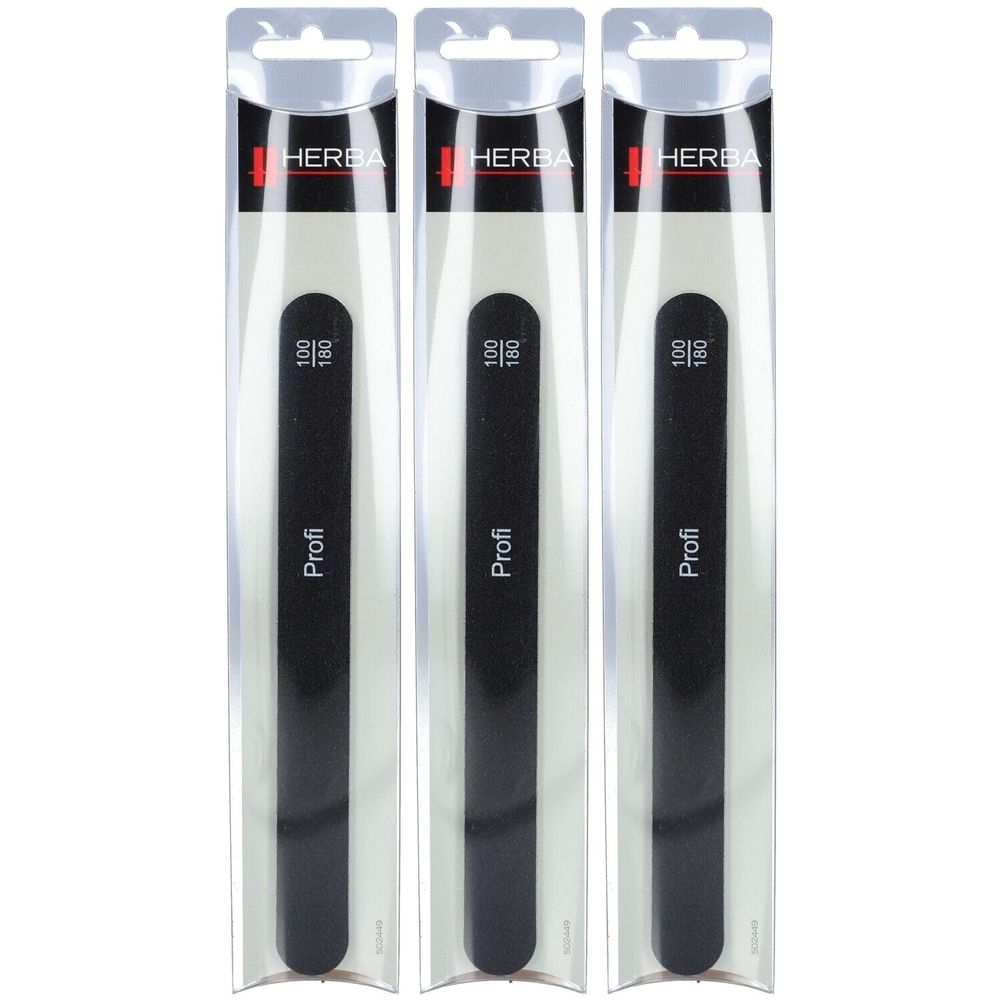 Drie zwarte nagelvijlen in transparante verpakking. Op elke vijl staat "Profi", "100/180" en het HERBA-logo.