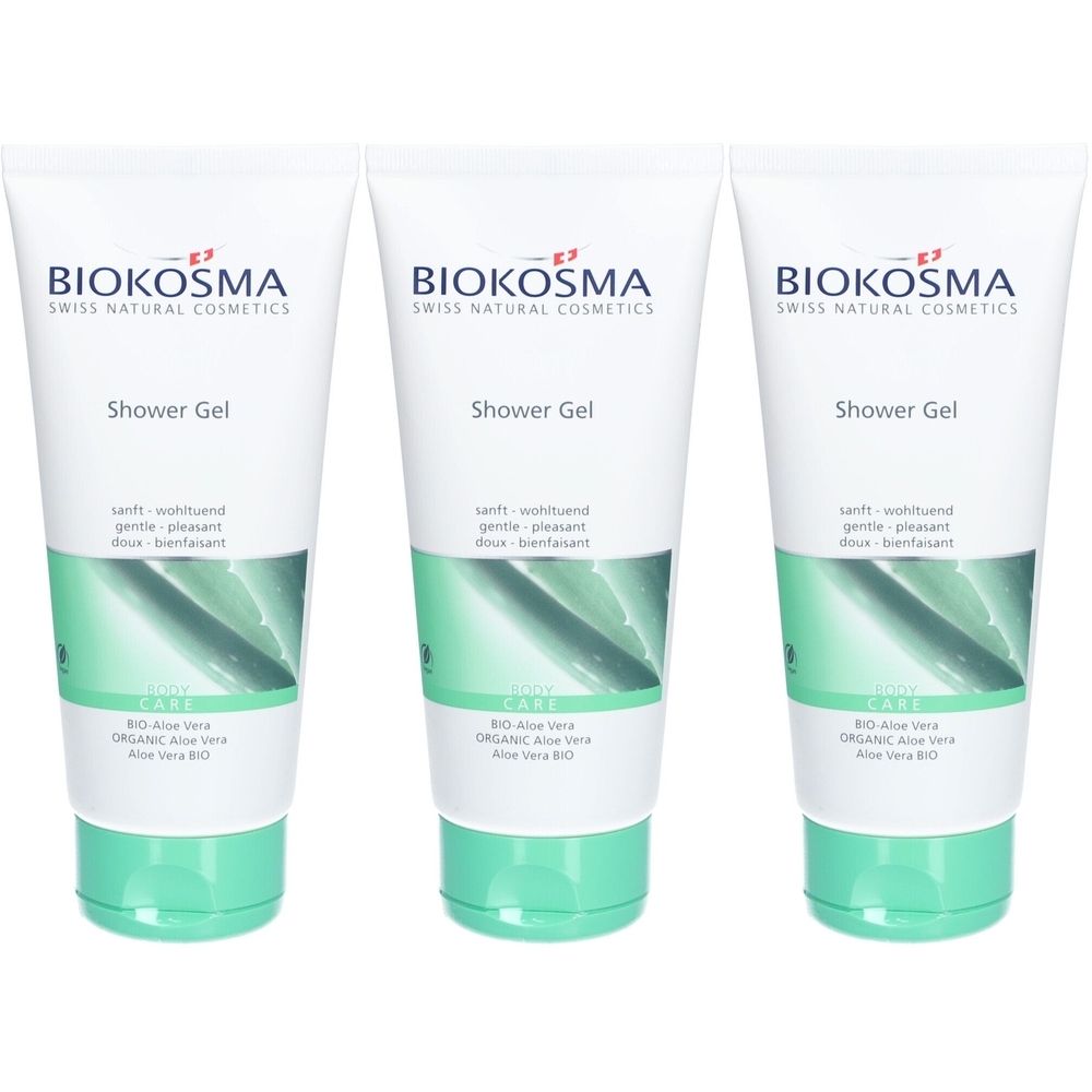 Trois tubes de gel douche. Blanc avec des accents verts. Inscription: BIOKOSMA, Shower Gel, Bio-Aloe Vera.