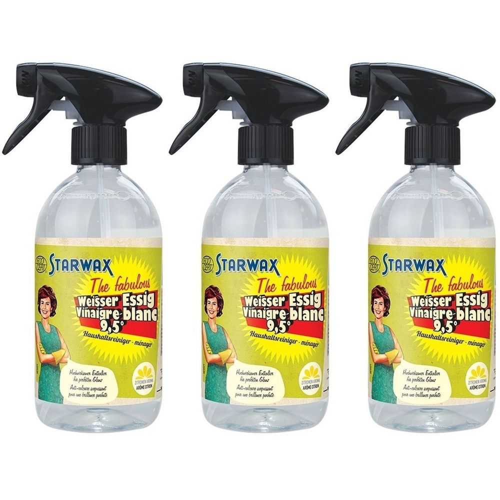 Trois flacons pulvérisateurs avec tête noire et étiquette jaune. L'étiquette indique STARWAX, Weisser Essig, Vinaigre blanc.