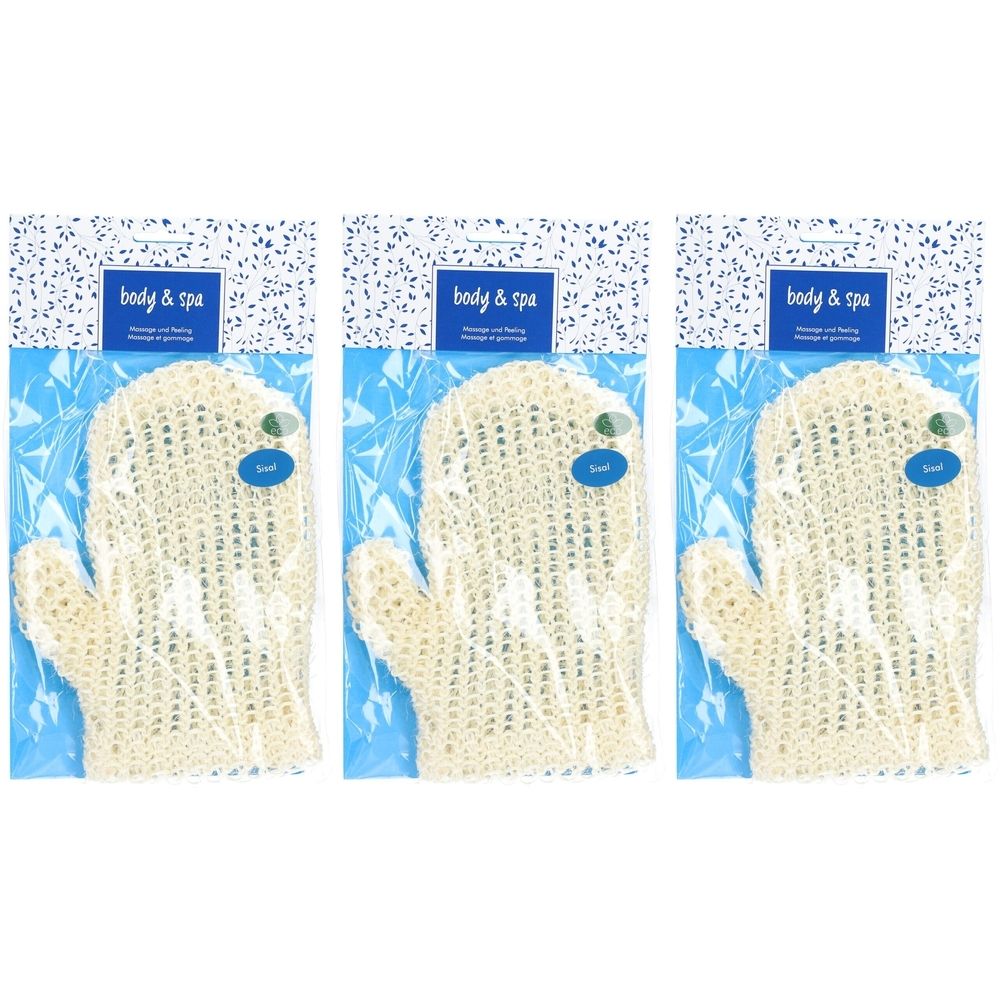Trois gants de toilette en emballage plastique. Beige, à mailles grossières. Emballage avec fond bleu et texte 'body & spa'.