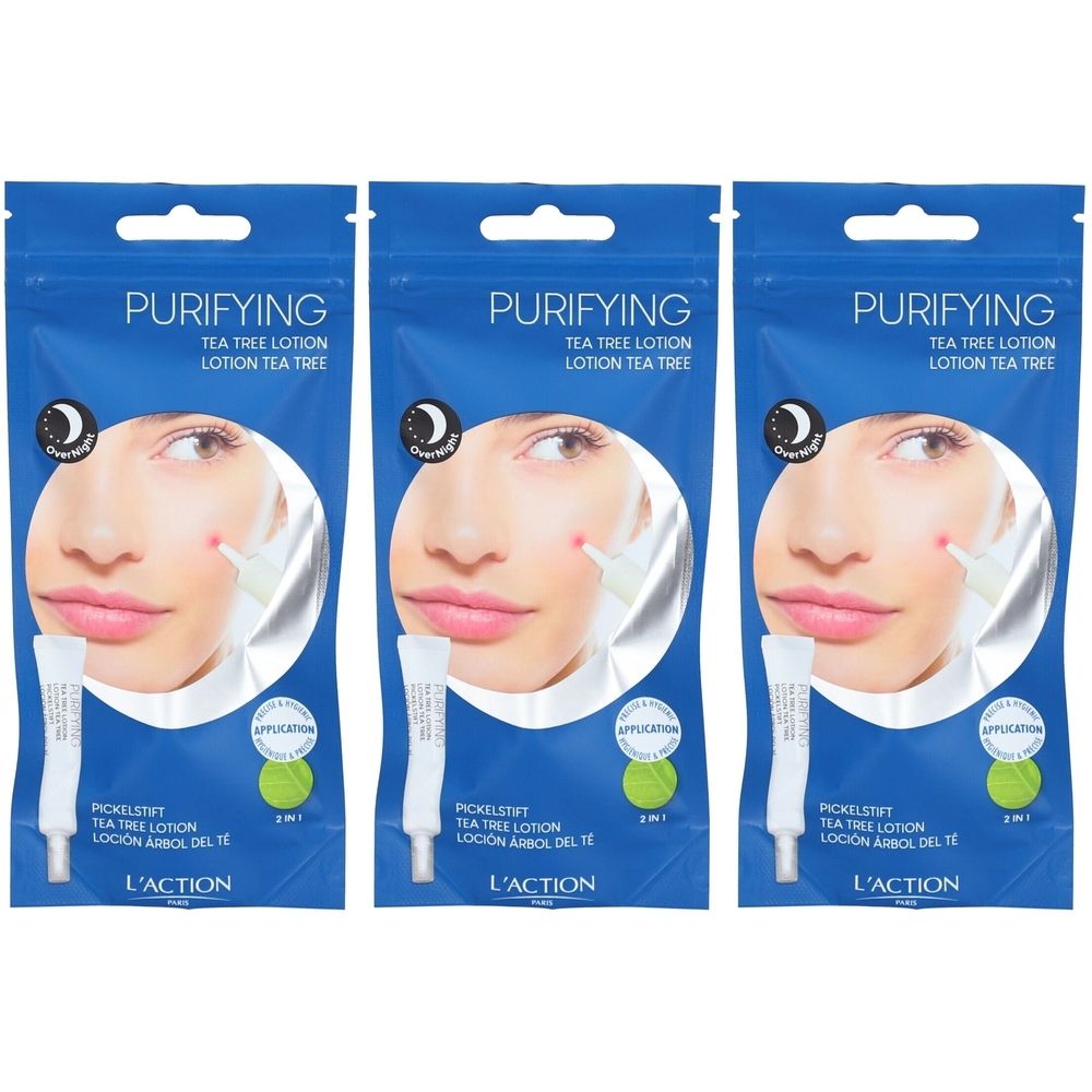 Drie blauwe zakjes met productafbeelding. Opschrift: Purifying Tea Tree Lotion. Daaronder Pickelstift. Merk L'ACTION. Afbeelding van een gezicht.