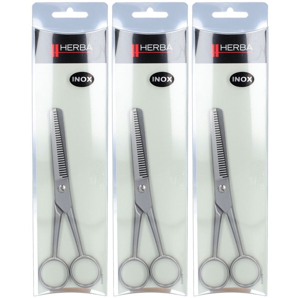 Drie effileerscharen in transparante verpakkingen. Merk Herba, met INOX-markering. Metaalkleurig gereedschap met gekarteld lemmet.