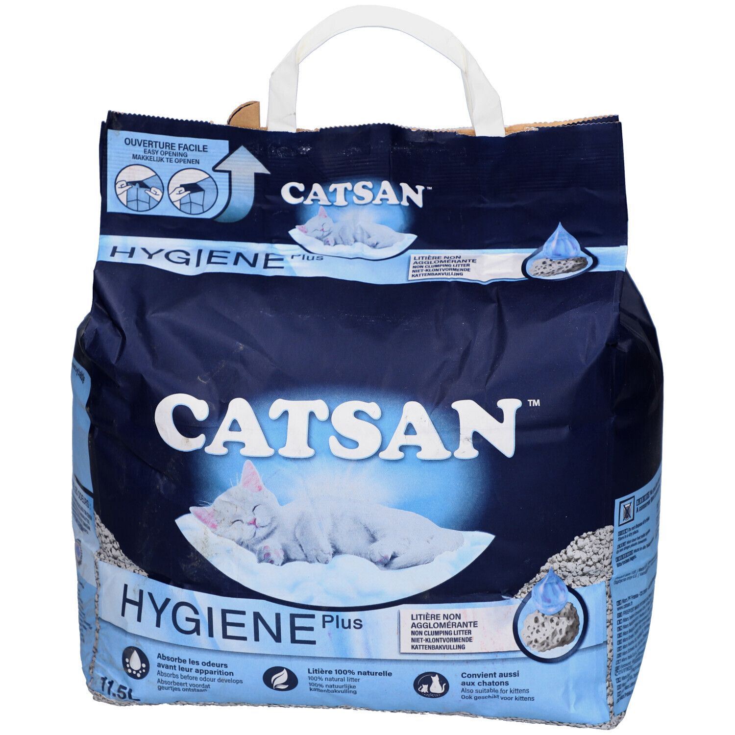 Sac bleu CATSAN HYGIENE Plus avec chat endormi. Inscription et logo. Poignée blanche. 11,5L.
