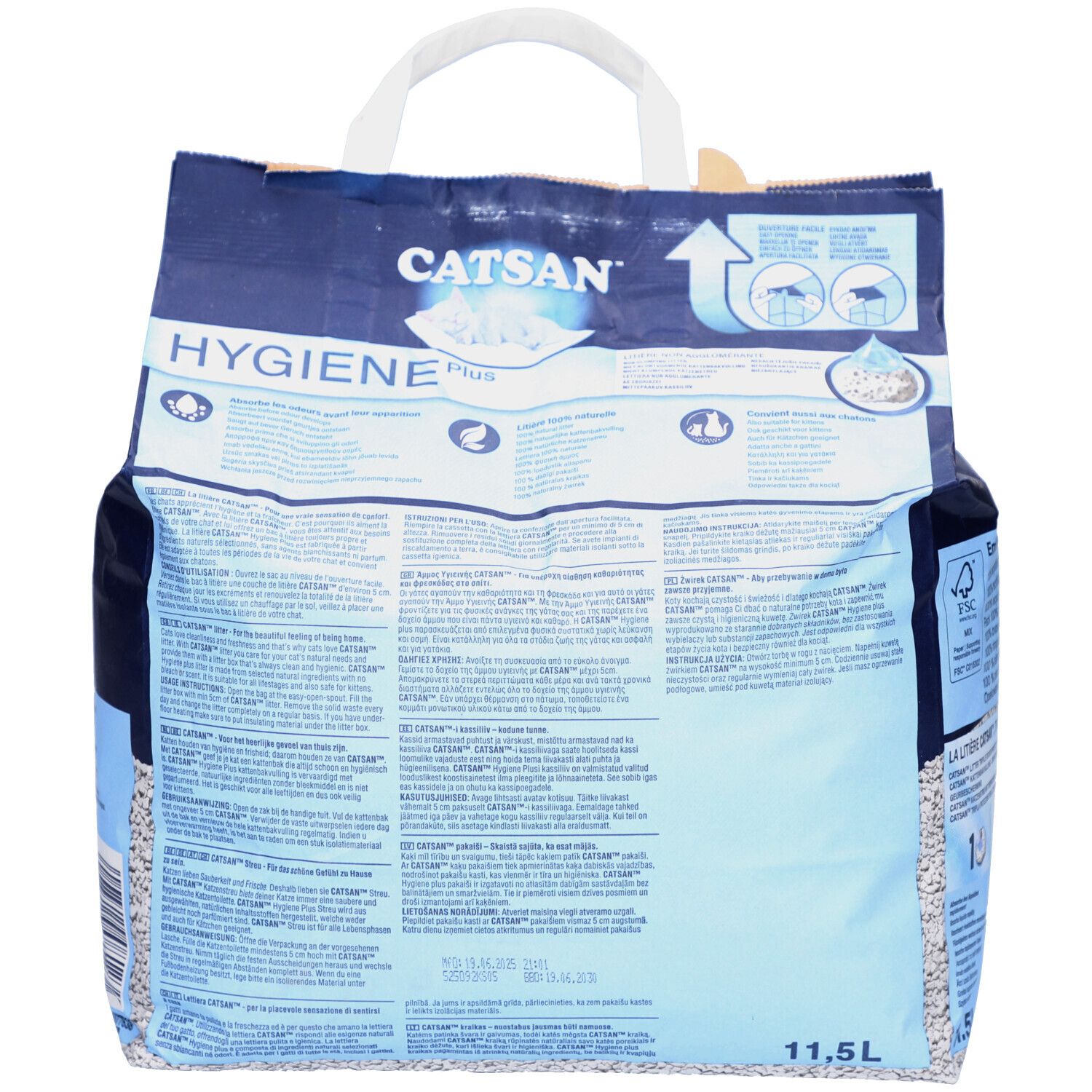Dos du sac bleu CATSAN HYGIENE Plus. Texte multilingue. Poignée blanche. Capacité 11,5L.