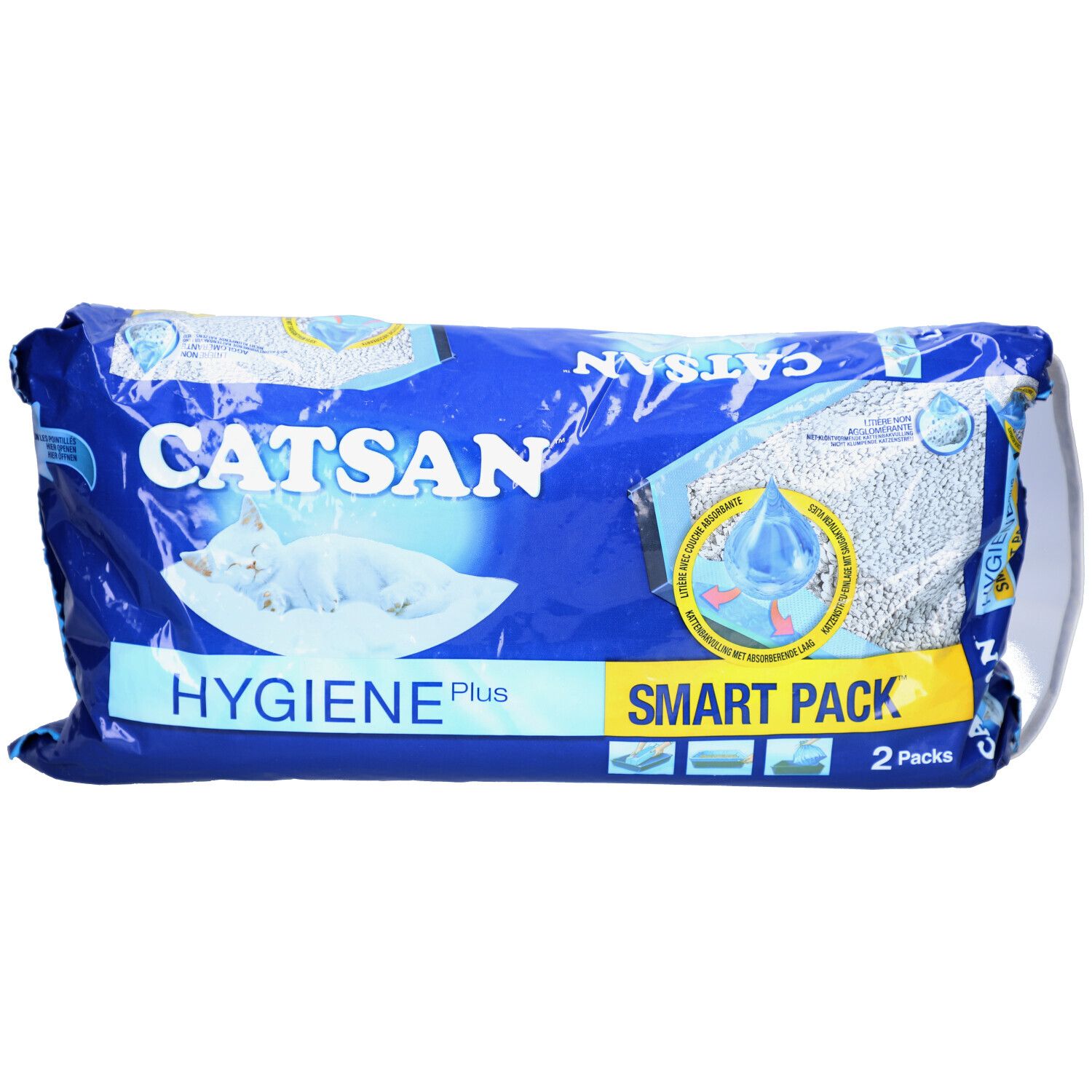 Sachet bleu CATSAN HYGIENE Plus SMART PACK. Contient deux paquets. Image d'un chat blanc couché.
