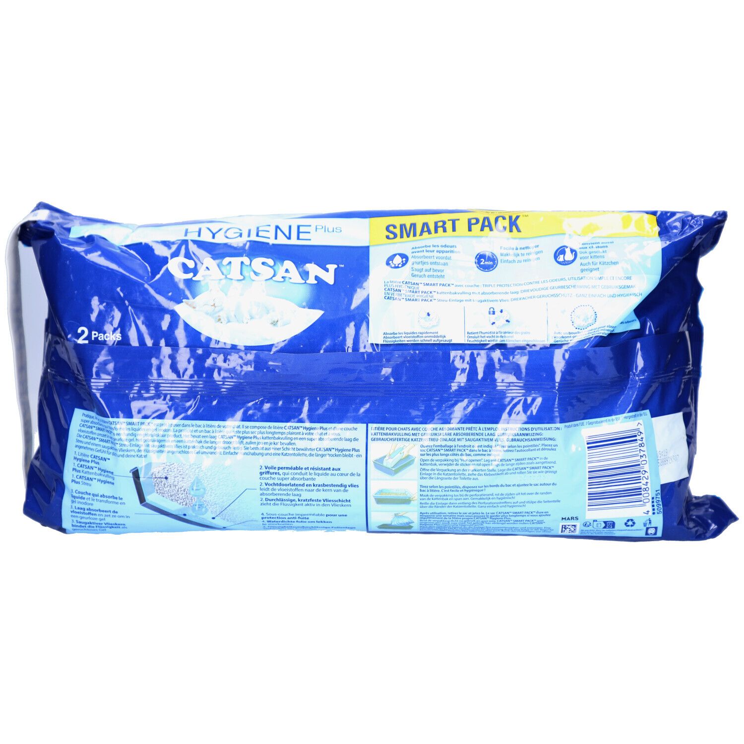 Dos du sachet bleu CATSAN SMART PACK. Texte et illustrations fournissent des informations sur le produit et son utilisation.