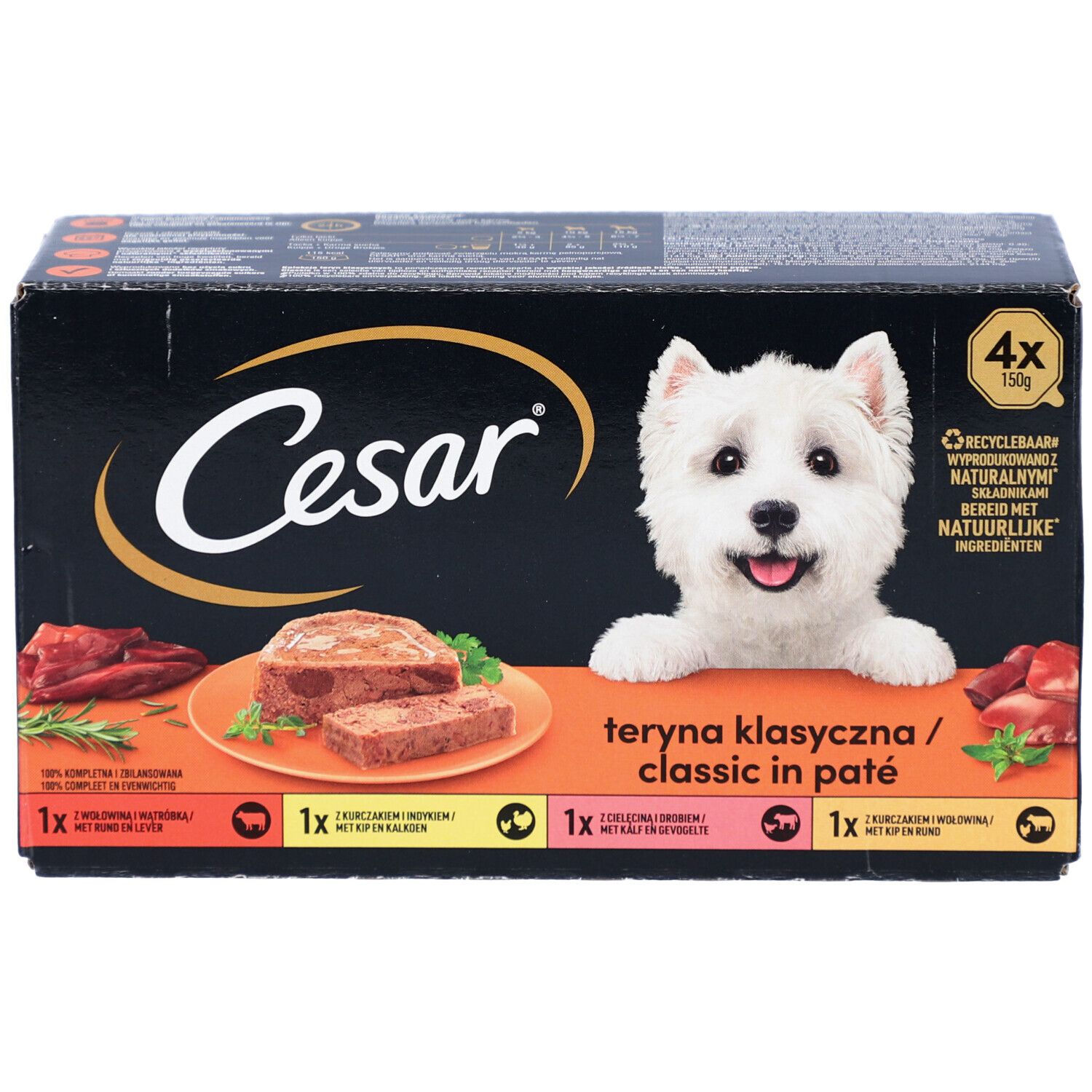 Verpakking Cesar Classic paté voor honden. Bevat 4 x 150g. Afbeelding van een hond en productvoorbeelden.