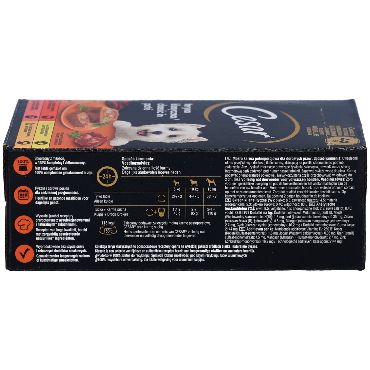 Achterkant van de verpakking Cesar Classic paté. Bevat informatie over ingrediënten en voedingsaanbevelingen.