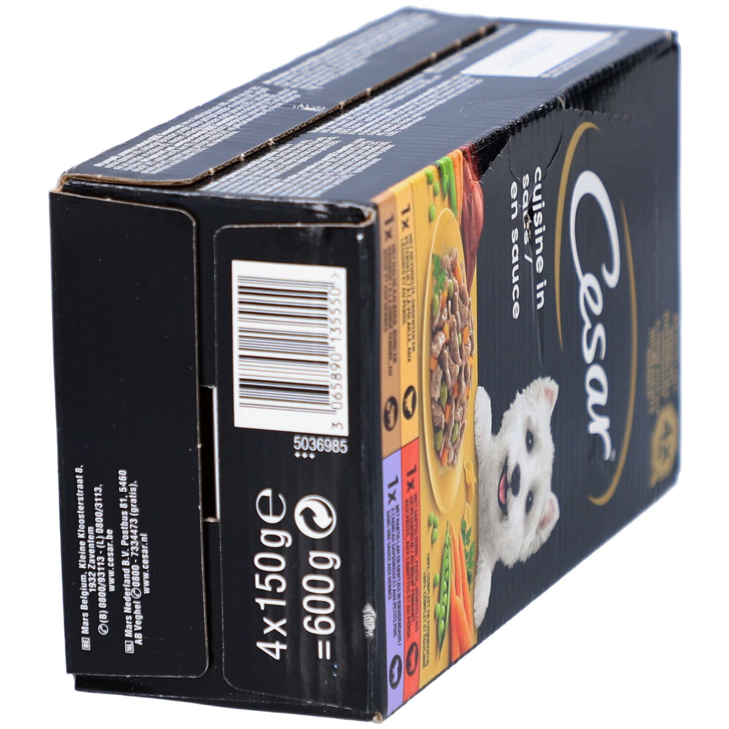 Zijaanzicht van de Cesar-verpakking. Tekst: 4x150g = 600g. Streepjescode. Logo en productafbeelding.