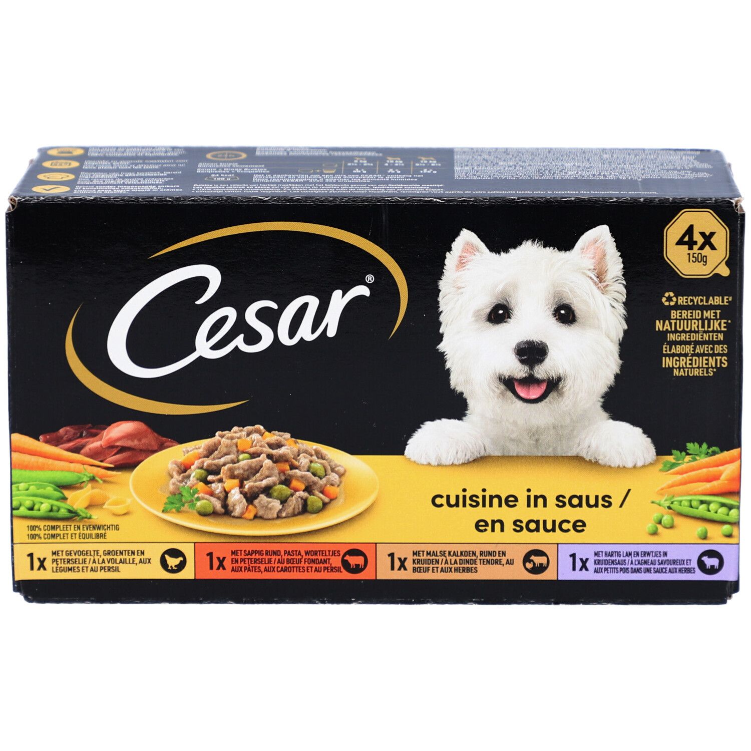 Cesar-verpakking met logo, hond en productafbeelding. Tekst: Cuisine in saus/en sauce. 4x150g.