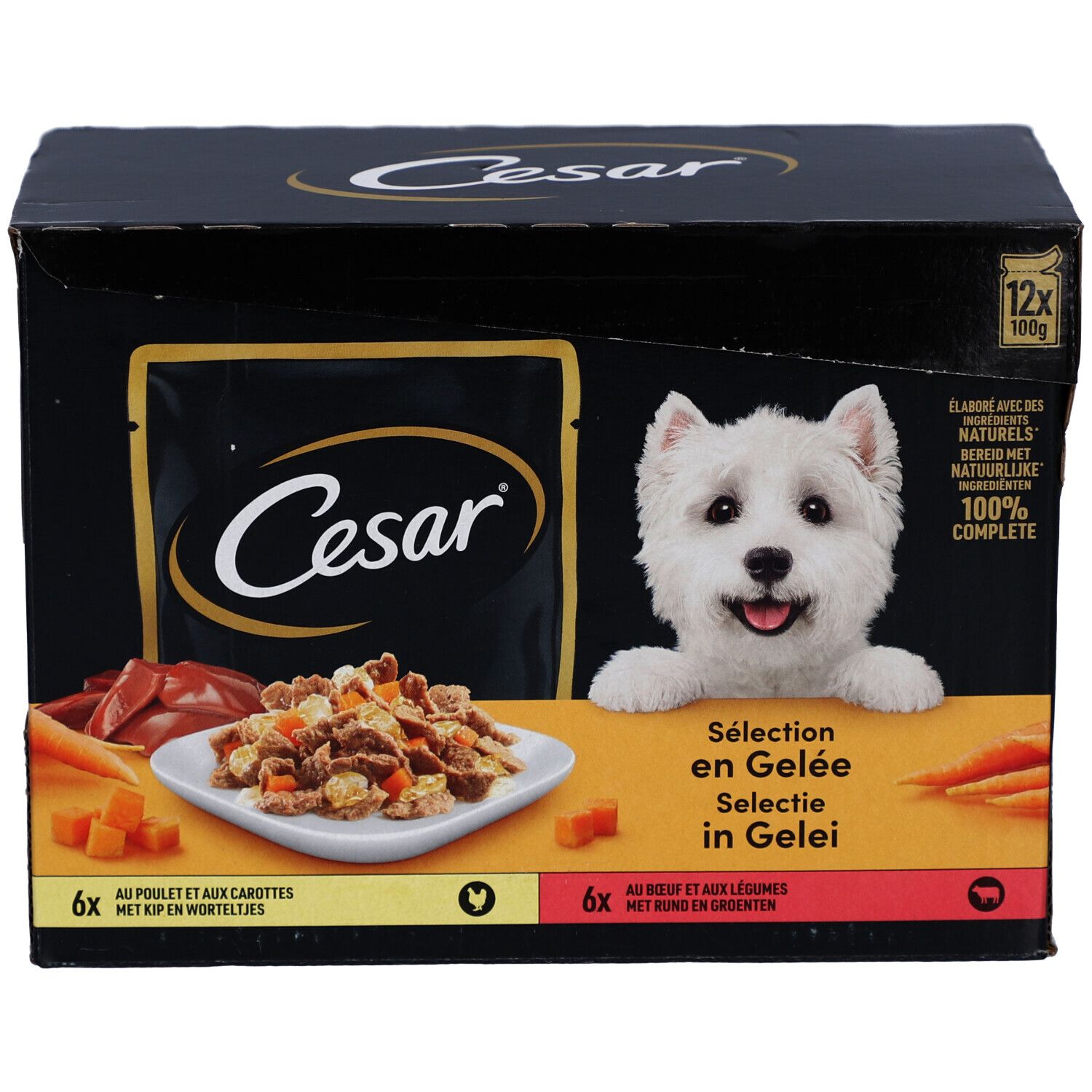 Zwarte Cesar-doos met hond. Bevat 12 zakjes hondenvoer. Opschrift: Sélection en Gelée, 100% Complete.