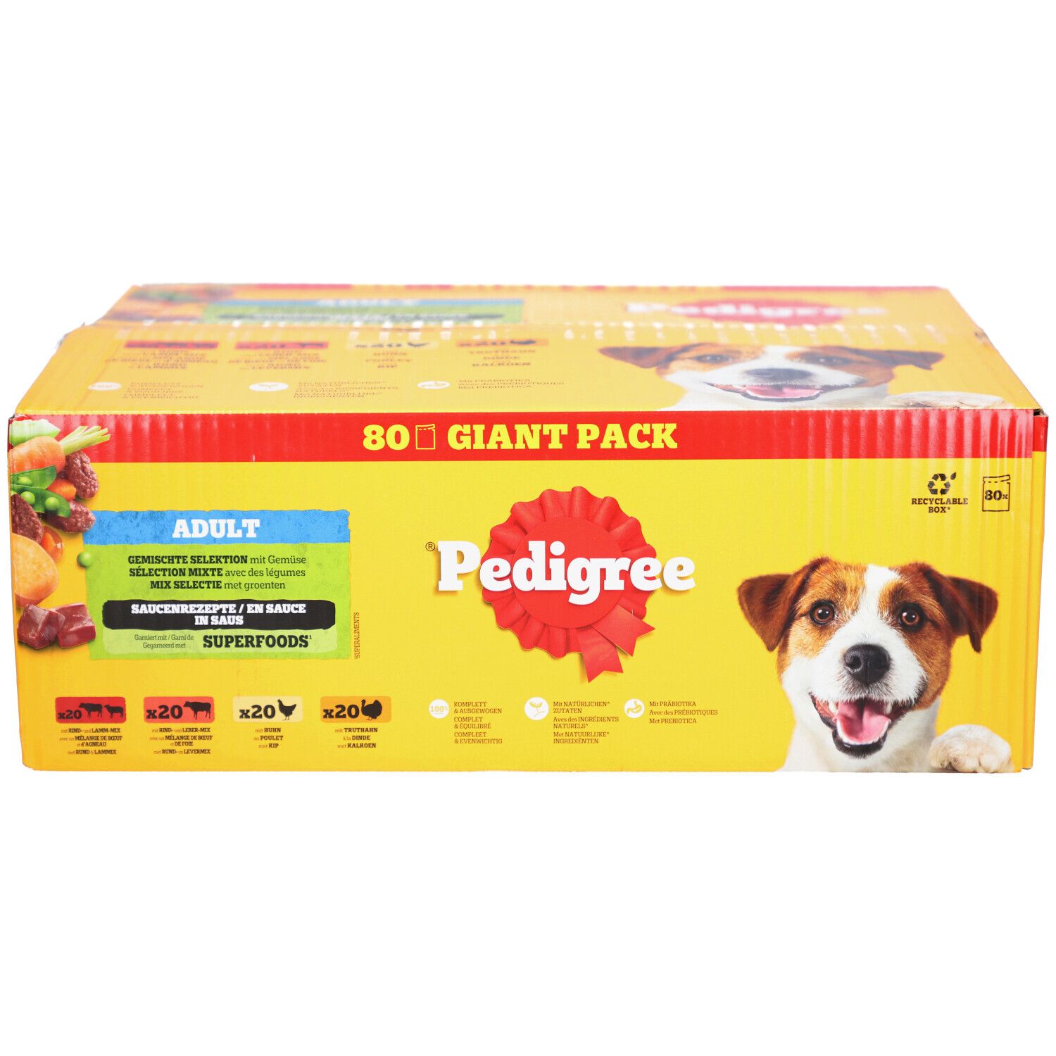 Emballage jaune Pedigree avec chien, logo rouge et texte. Contient 80 sachets. Inscription : "GIANT PACK".