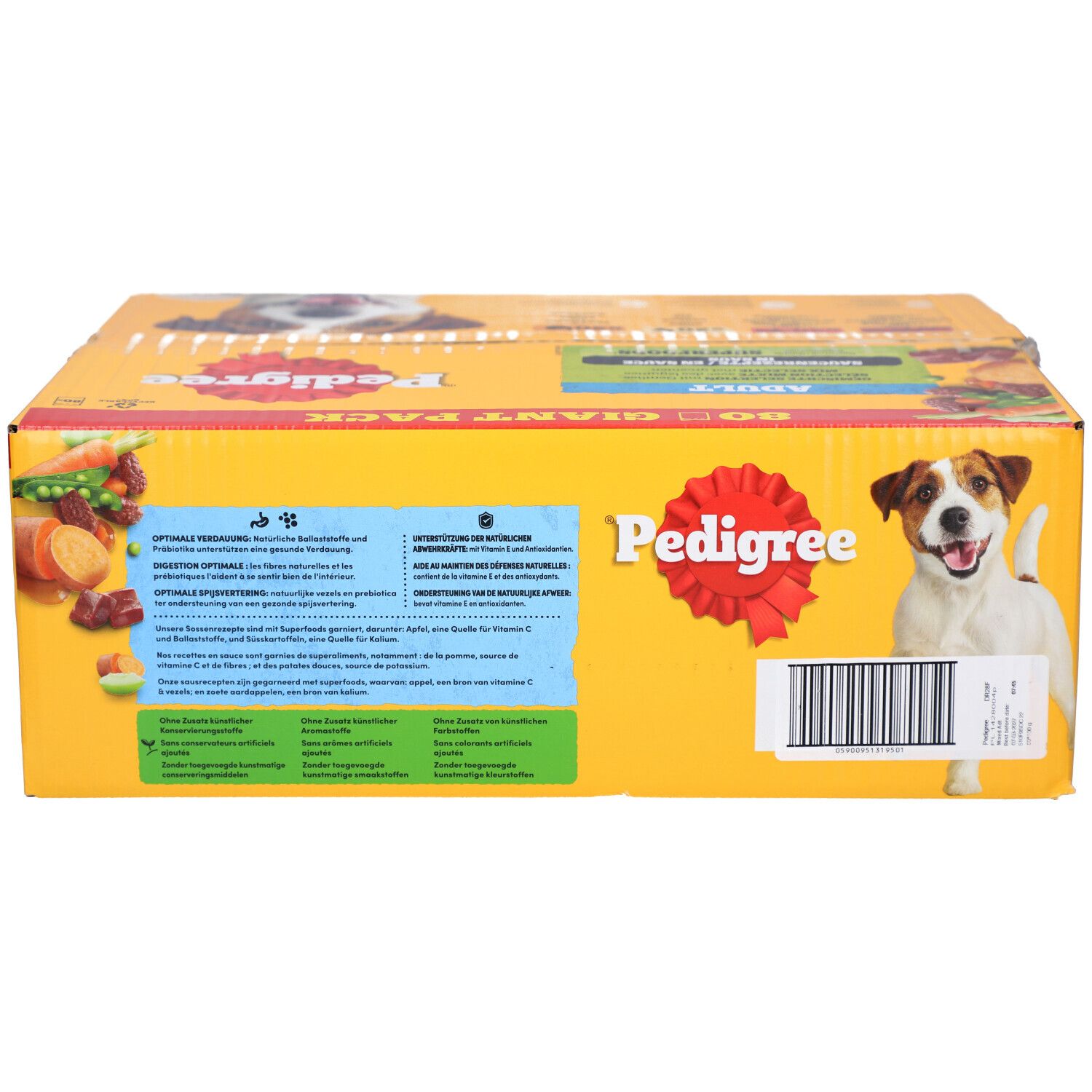 Emballage jaune Pedigree avec chien, logo rouge et texte. Contient 80 sachets. Code-barres visible.