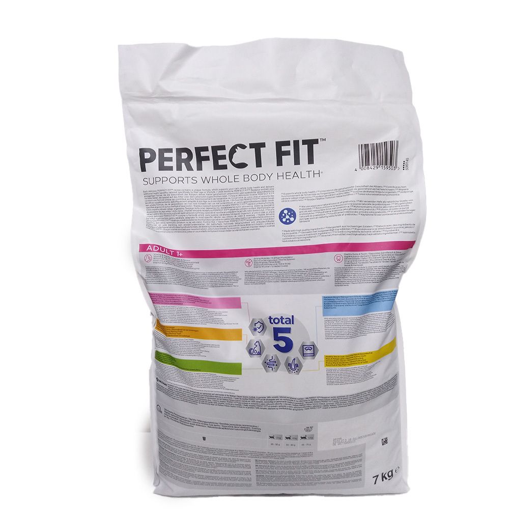 PERFECT FIT Adult Kip. Achterkant van de verpakking. Bevat informatie en 5 voordelen.