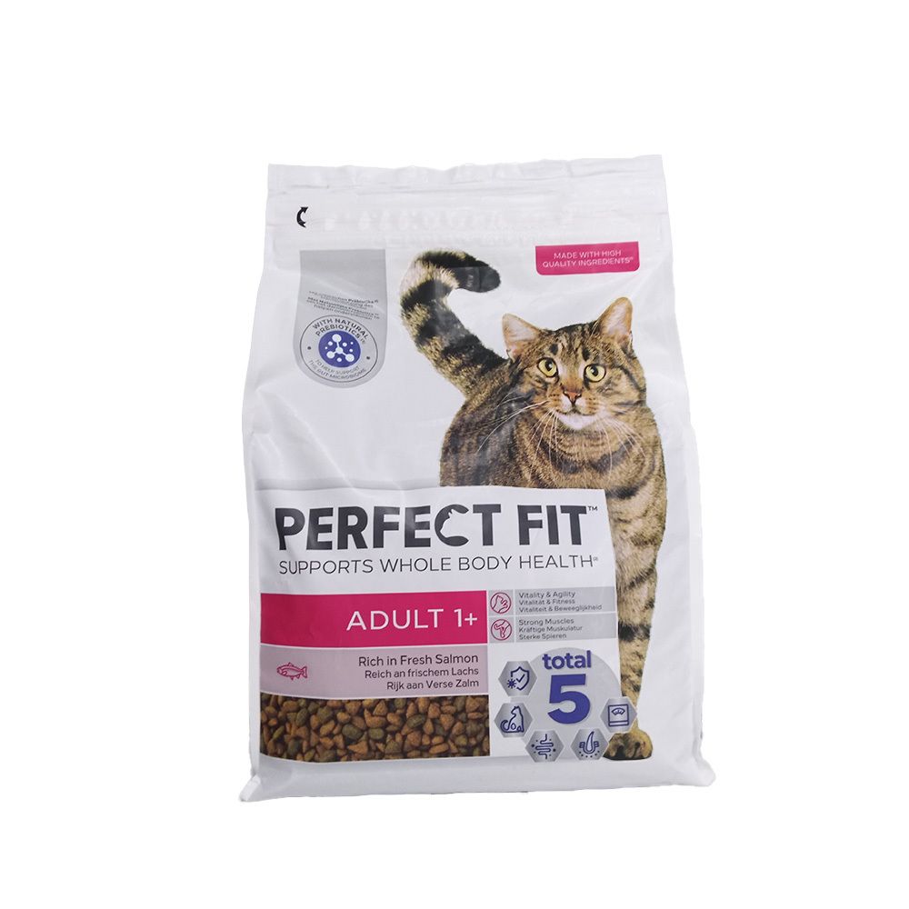 Sac de croquettes PERFECT FIT Adult 1+. Image d'un chat. Ingrédients : saumon frais. Informations produit.