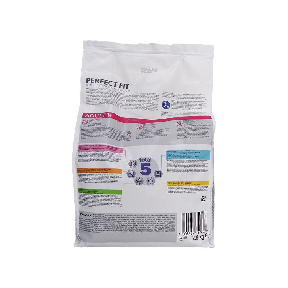 Dos du sac de croquettes PERFECT FIT Adult 1+. Informations produit et tableau nutritionnel.