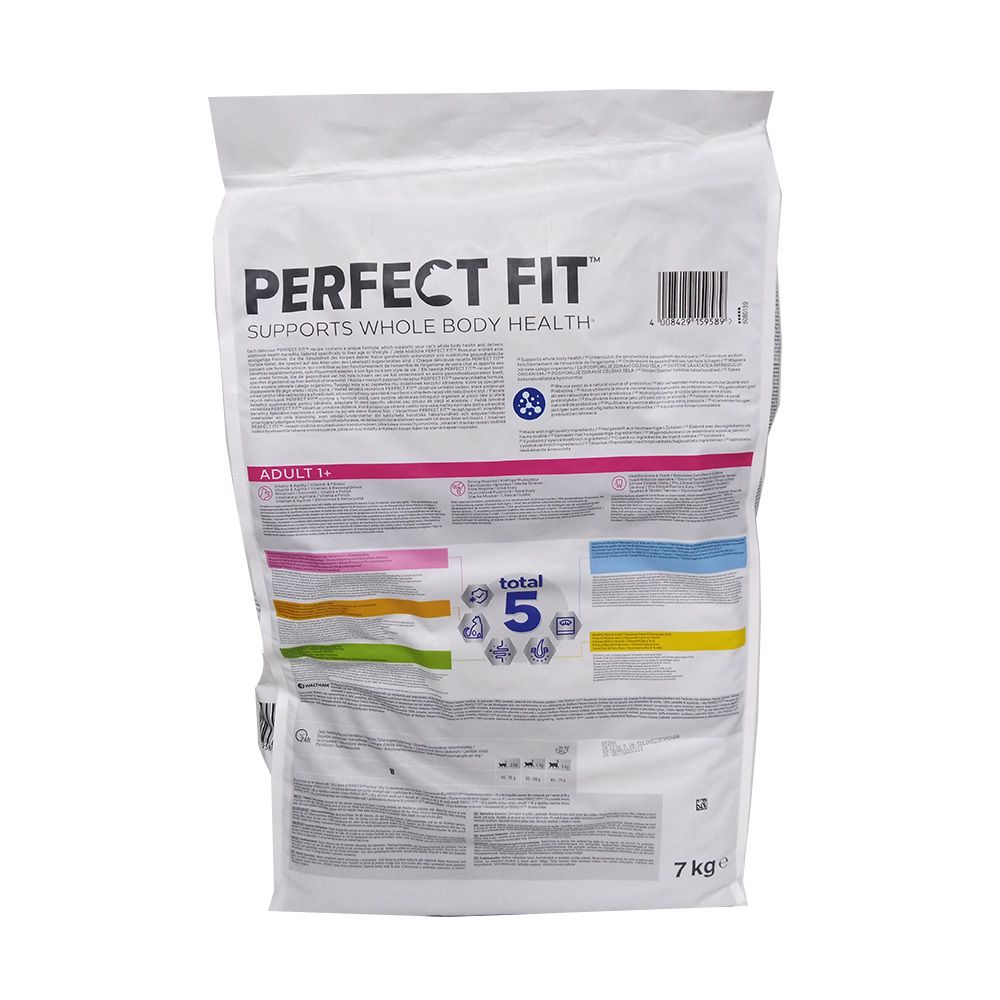 Dos de l'emballage de nourriture pour chats. Inscription : PERFECT FIT, Adult 1+. Contient des informations et des logos.