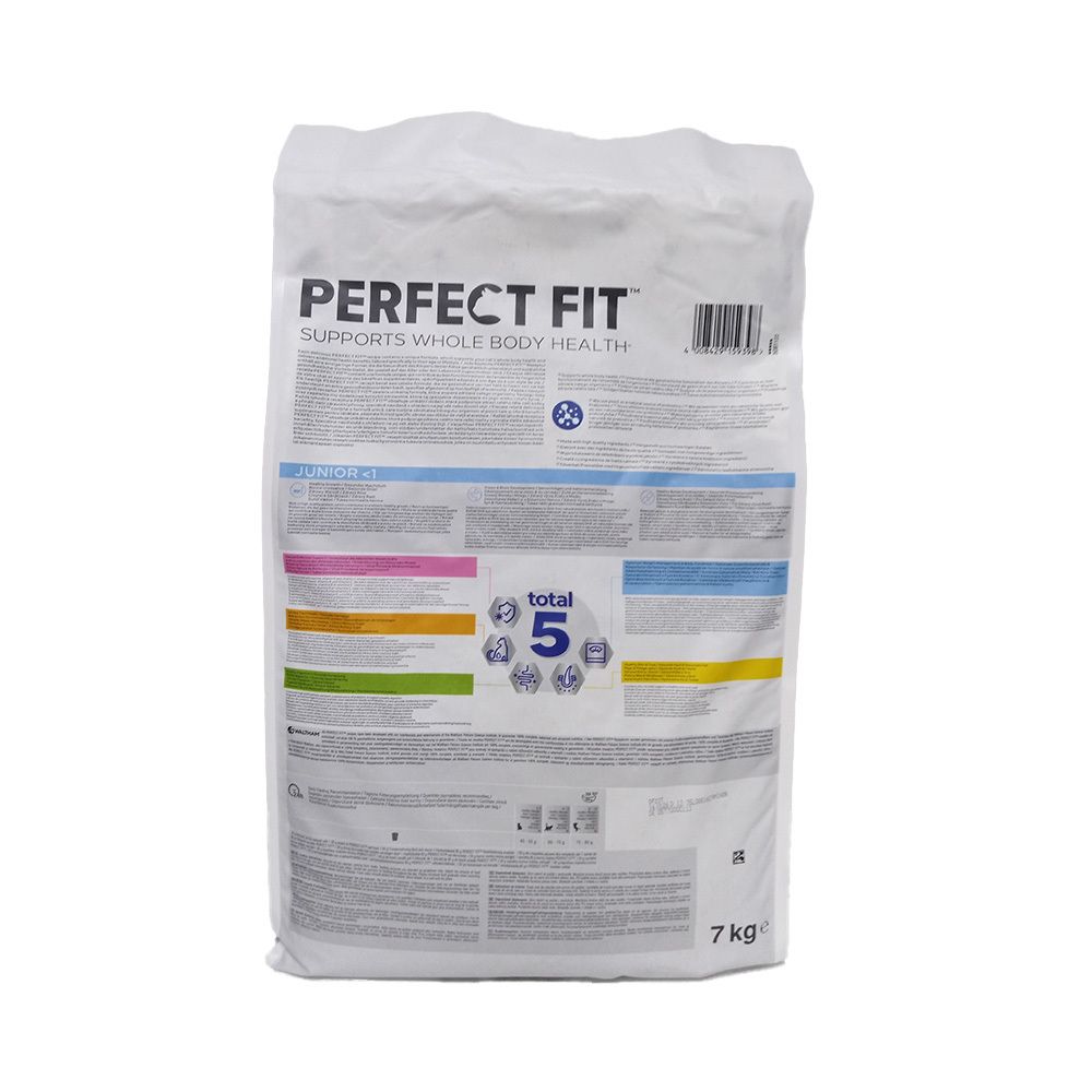 Emballage de nourriture sèche PERFECT FIT Junior <1. Arrière avec informations produit et logo. Poids: 7 kg.