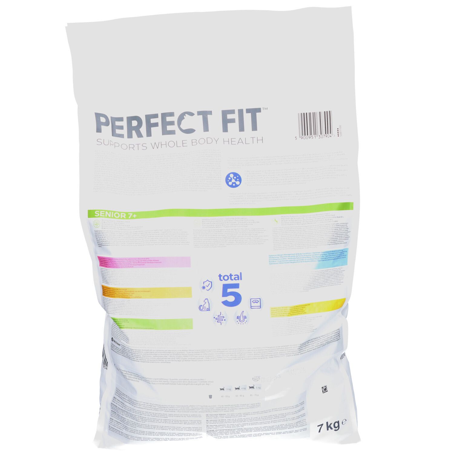 Zak PERFECT FIT DROOG SENIOR KIP. Tekst: SENIOR 7+. Totaal 5. Gewicht: 7 kg. Meerkleurige strepen.