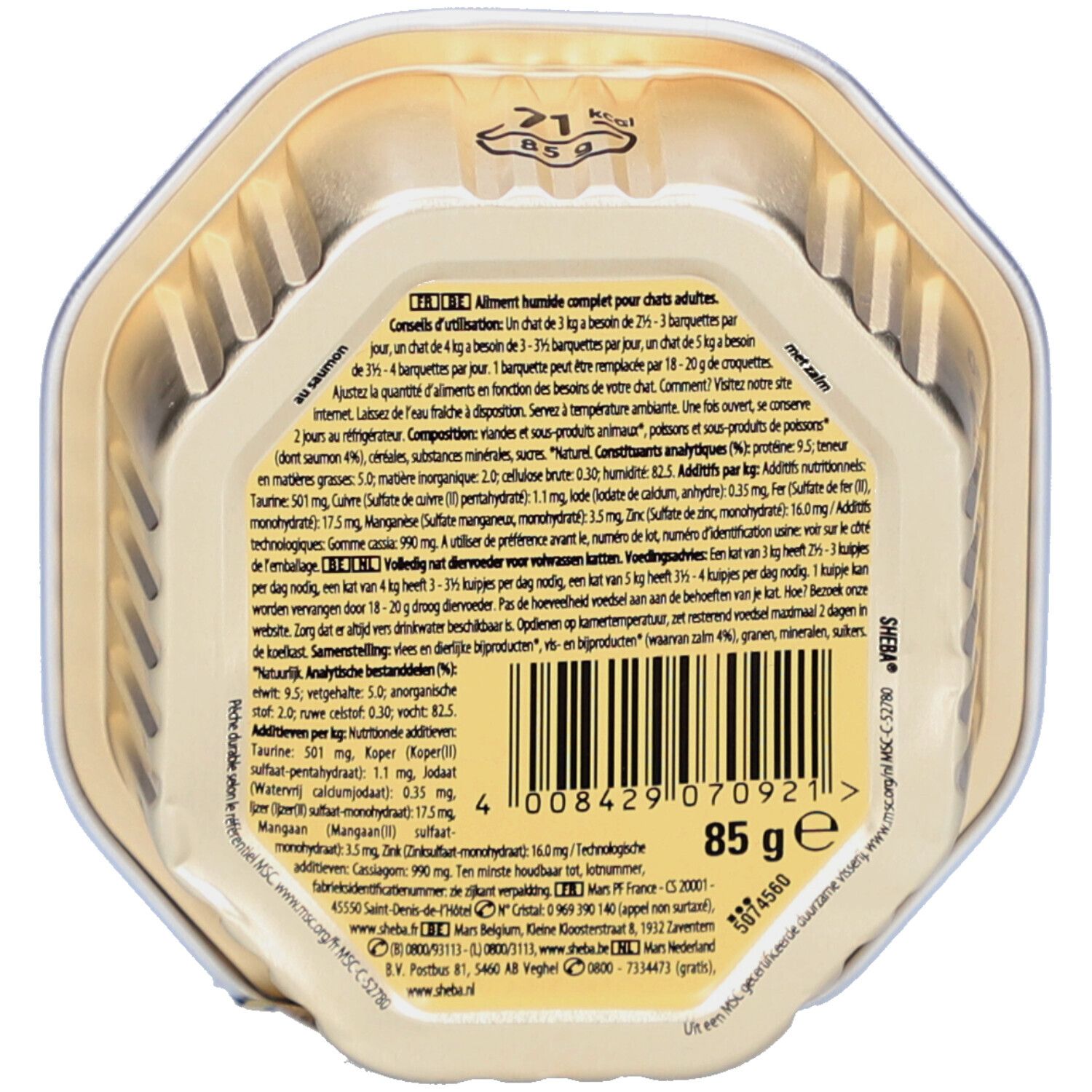 Achterkant kattenvoerbakje. Bevat informatie over ingrediënten en voedingsadvies. Barcode en gewicht: 85g.