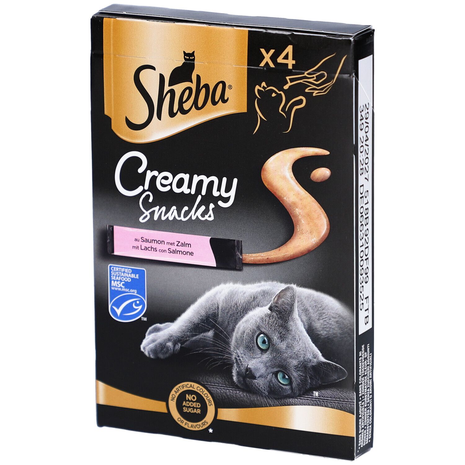 Zwarte verpakking Sheba Creamy Snacks. Bevat 4 zakjes. Afbeelding van kat en snack. Met zalm.