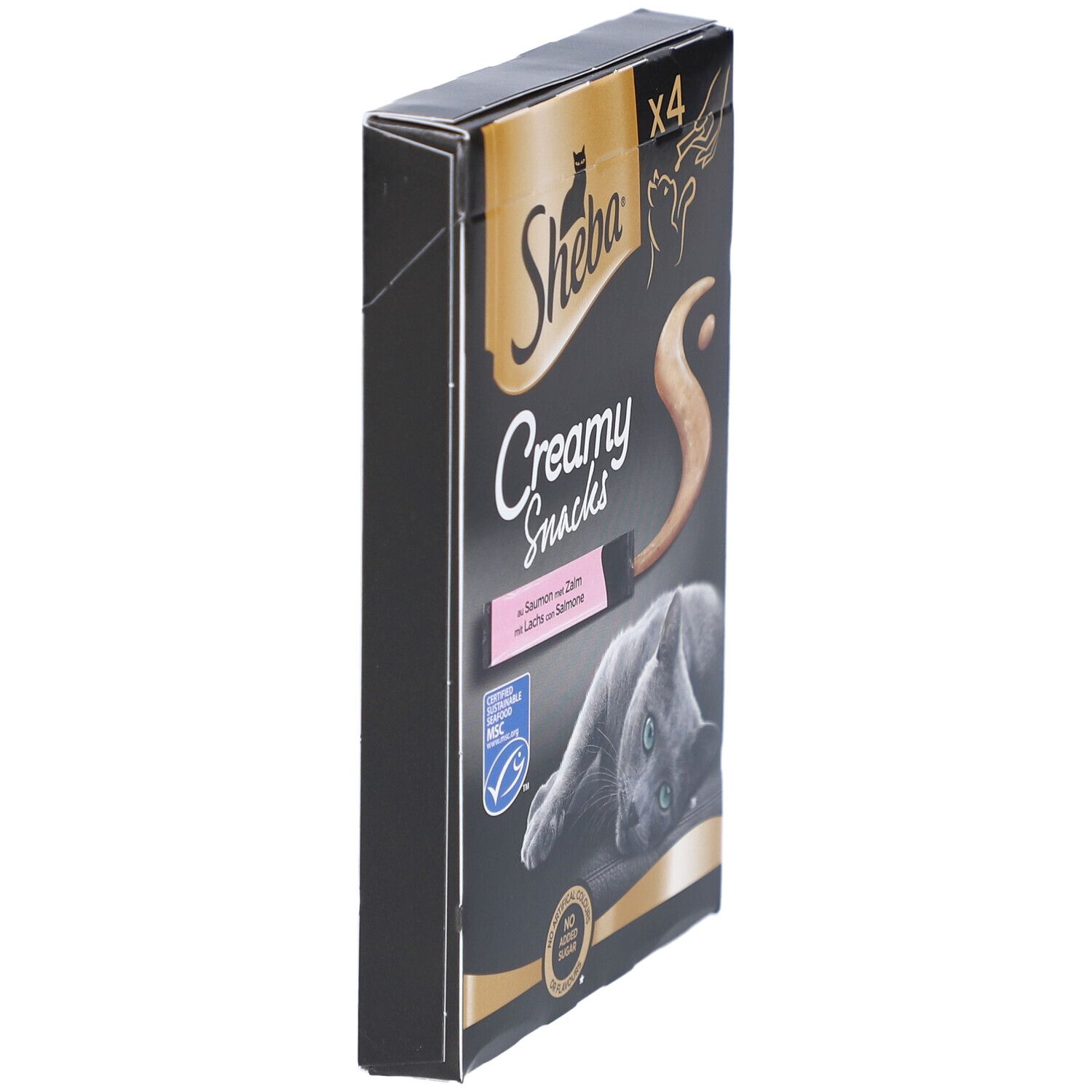 Zwarte verpakking Sheba Creamy Snacks. Bevat 4 zakjes. Zijaanzicht. Gouden accenten.