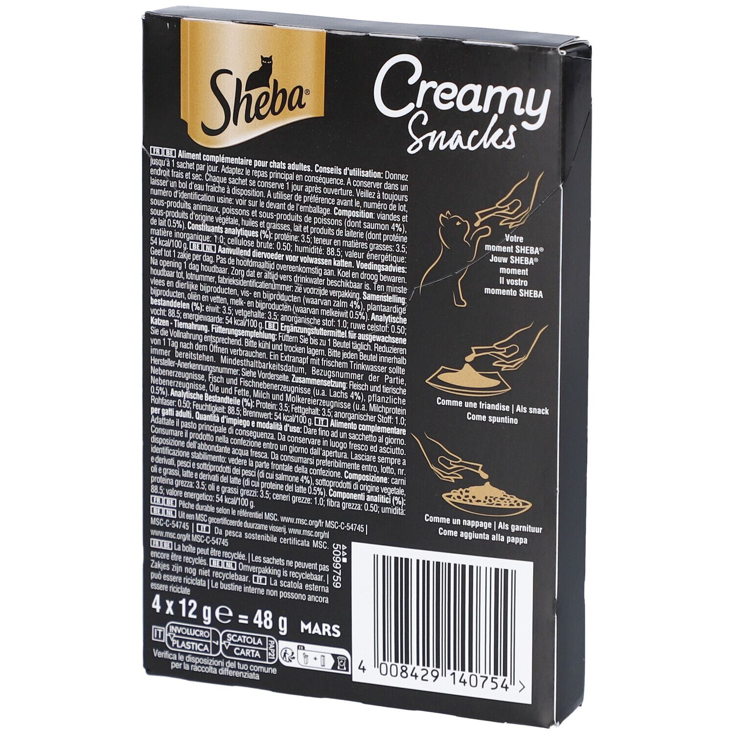Achterkant van de Sheba Creamy Snacks verpakking. Meertalige tekst. Bevat 48g.