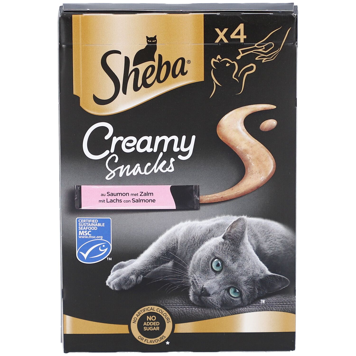 Zwarte verpakking Sheba Creamy Snacks. Bevat 4 zakjes. Afbeelding van kat en snack. Met zalm.