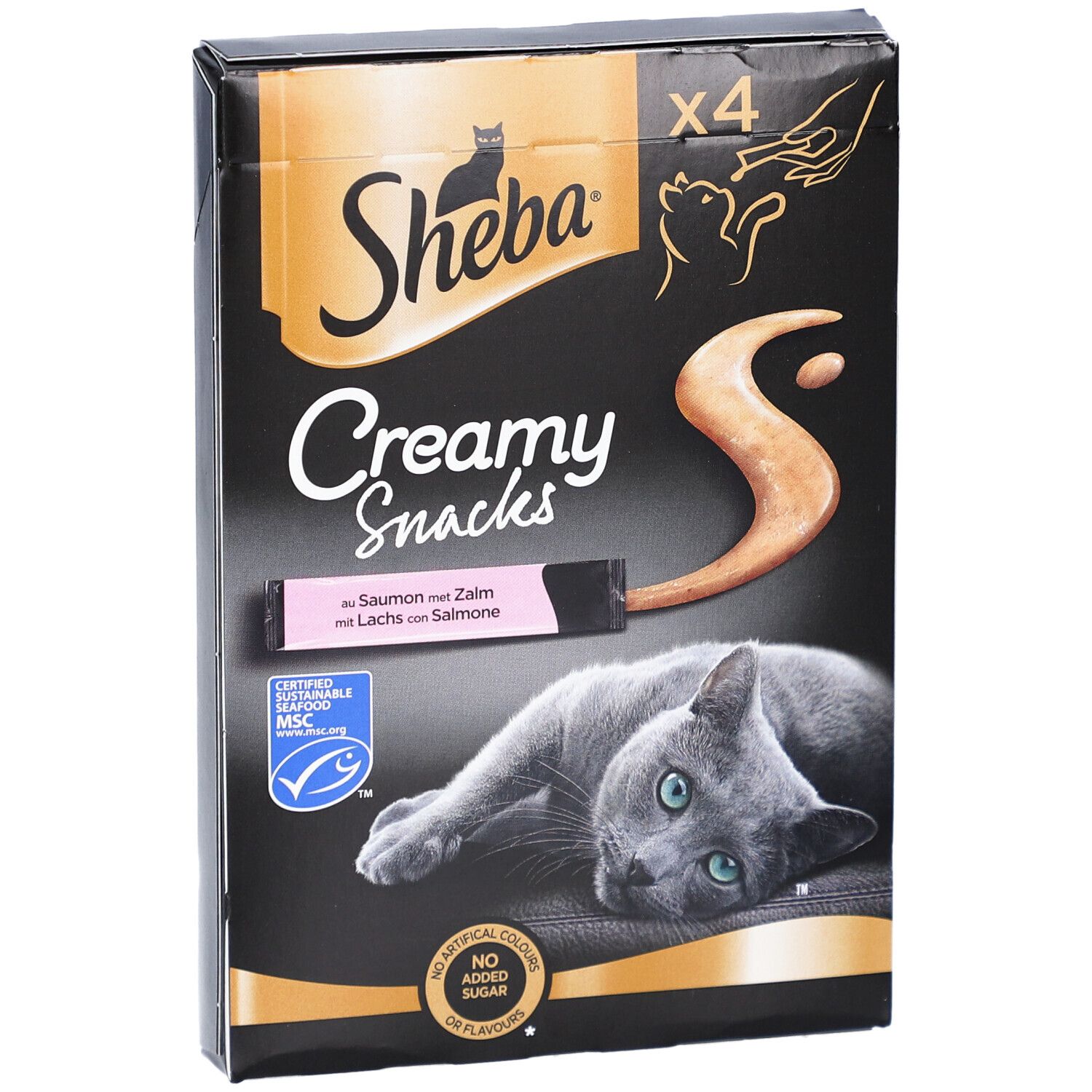 Zwarte verpakking Sheba Creamy Snacks. Bevat 4 zakjes. Afbeelding van kat en snack. Met zalm.