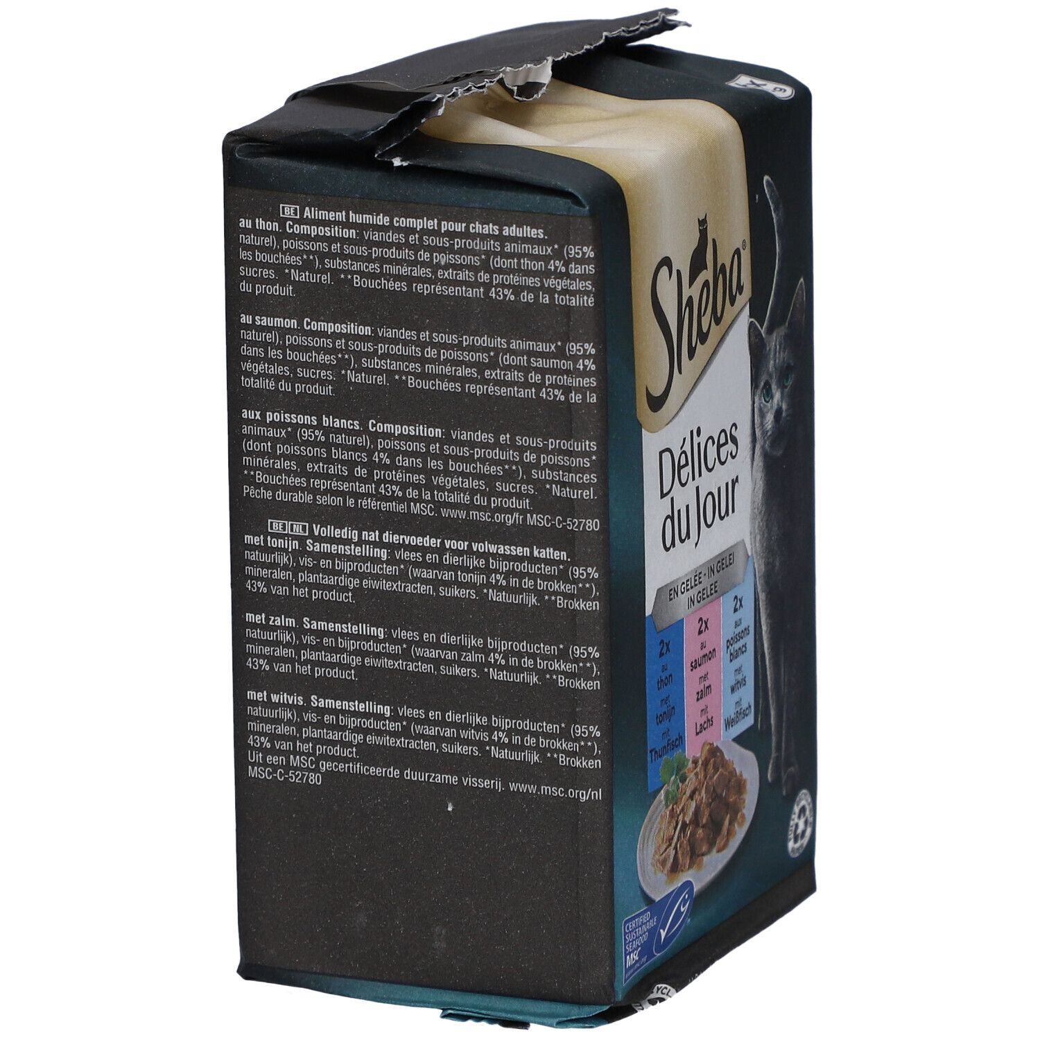 Dos du paquet Sheba Délices du Jour. Texte multilingue. Contient des informations sur les ingrédients.