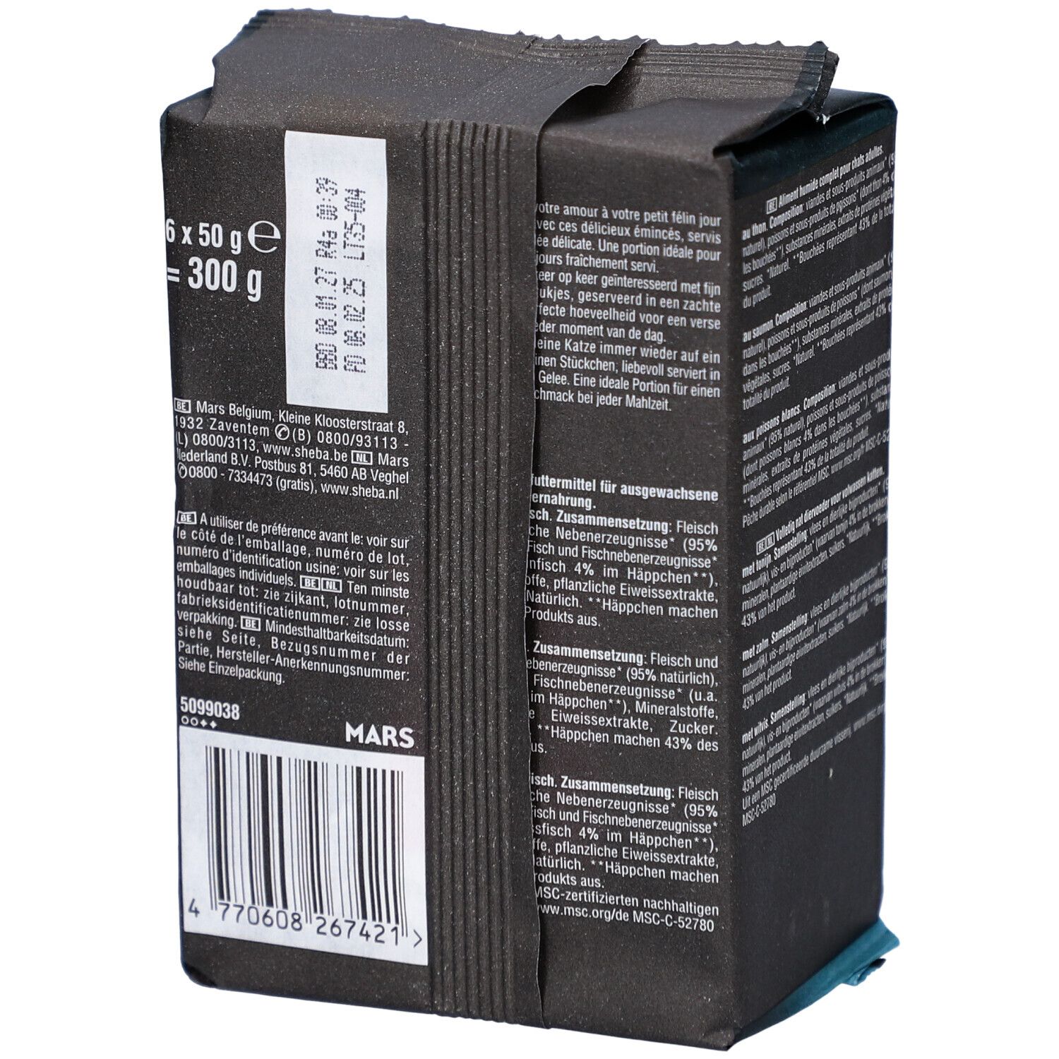 Dos du paquet Sheba Délices du Jour. Contient code-barres, poids et informations fabricant.