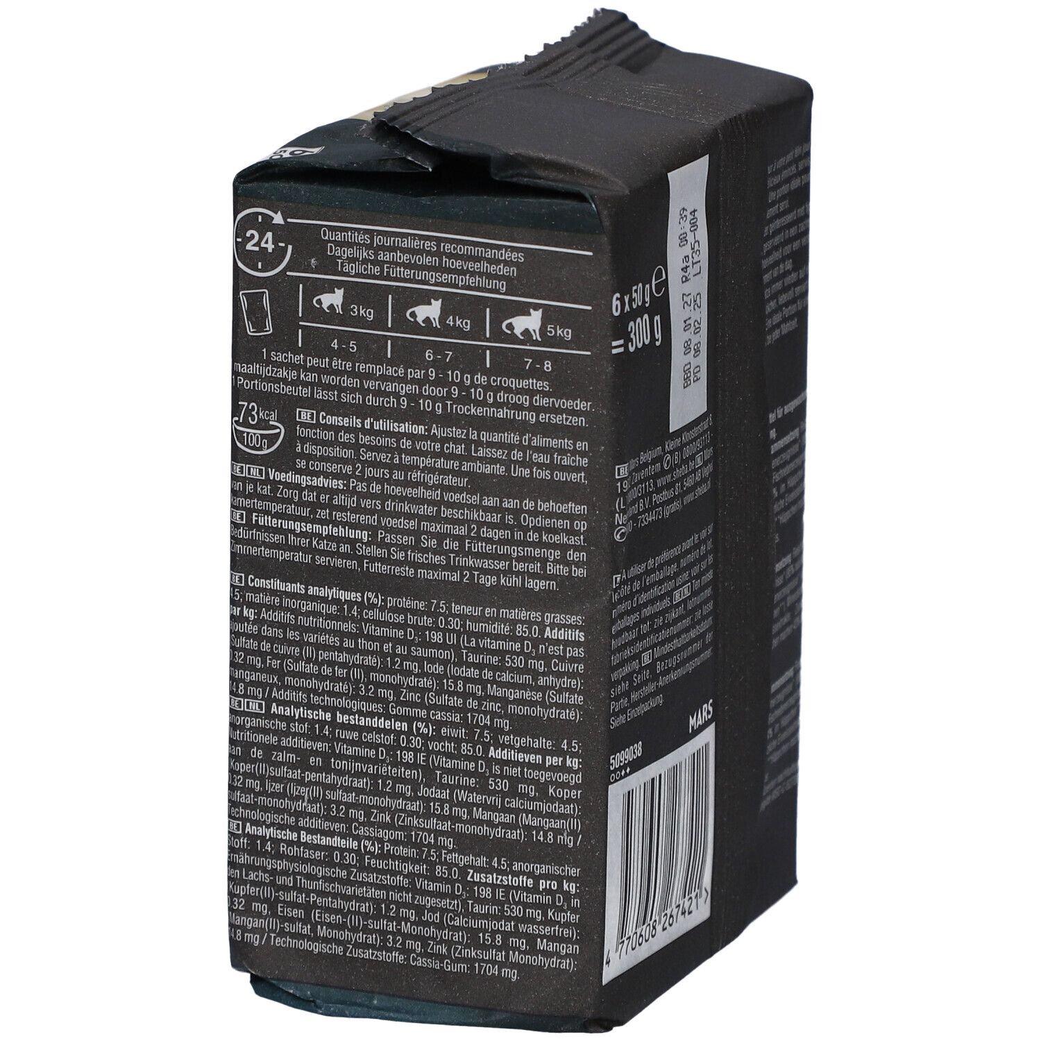 Dos du paquet Sheba Délices du Jour. Contient recommandations d'alimentation et composants analytiques.