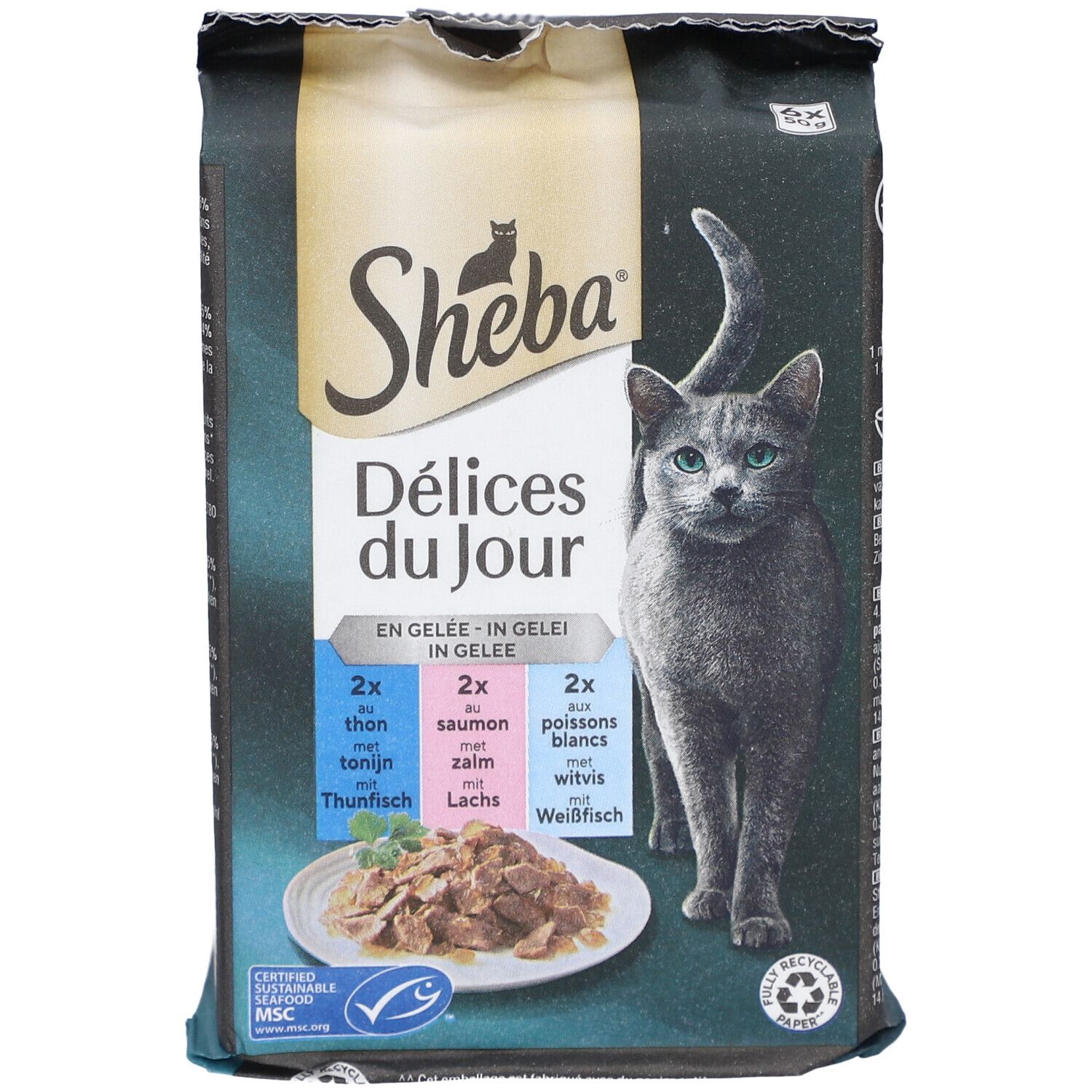Paquet Sheba Délices du Jour. Contient thon, saumon et poissons blancs. Illustration de chat.