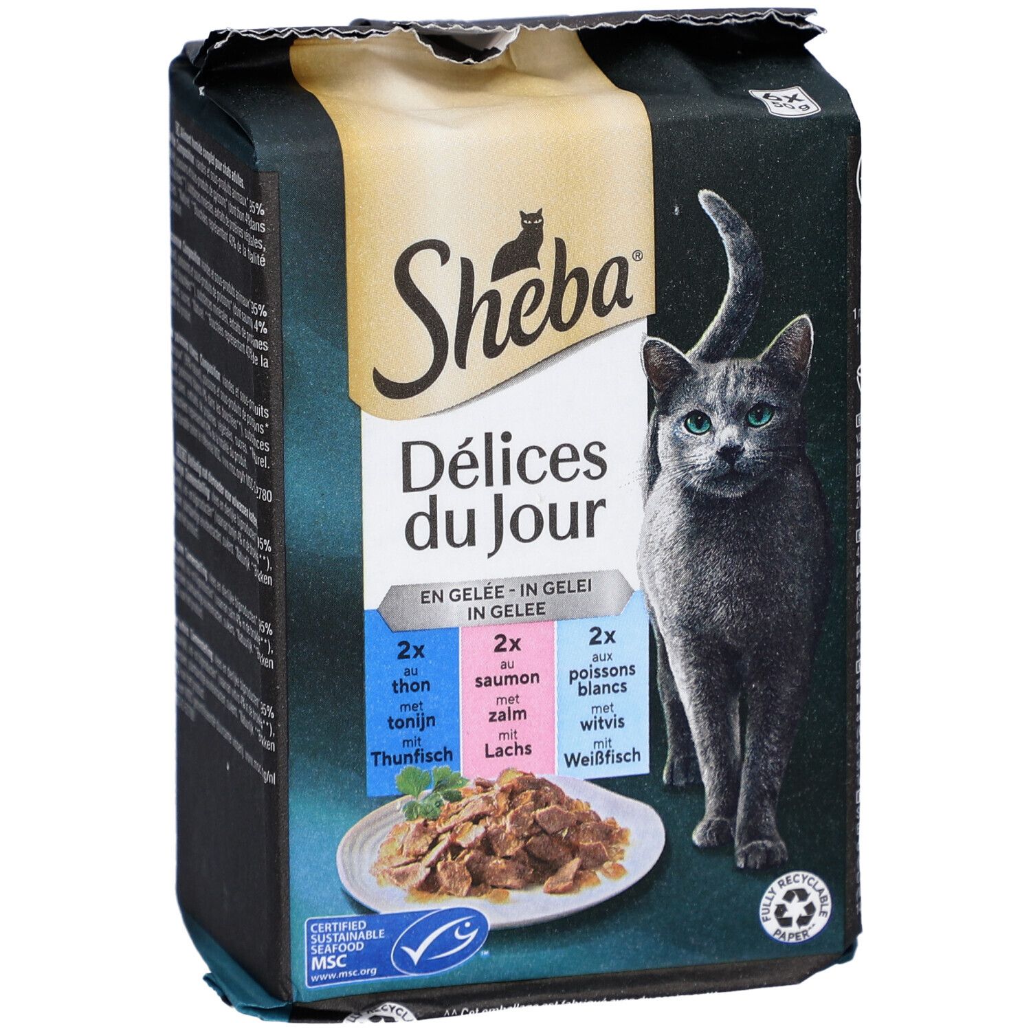 Paquet Sheba Délices du Jour. Contient thon, saumon et poissons blancs. Illustration de chat.