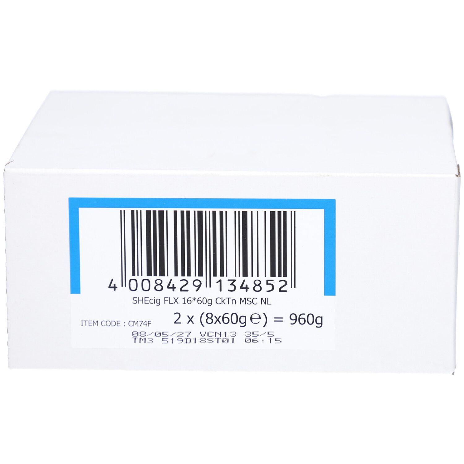 Boîte blanche avec code-barres et informations produit. Inscription "SHEcig FLX 16*60g CkTn MSC NL".